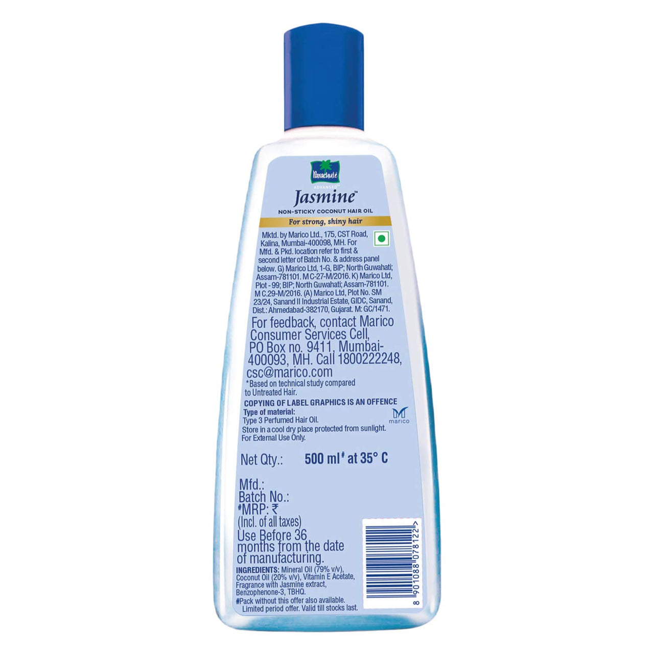 Parachute Advansed Jasmine Coconut Hair Oil With Vitamin-E For Healthy Shiny Hair, Non-sticky, 500ml (Pack of 2)