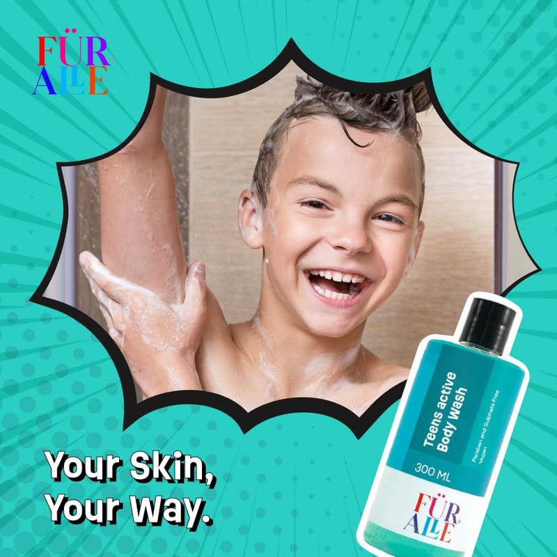 FurAlle Teens Active Body Wash 300ml | Natural Bodywash with Aloe Vera, Watermelon, Cucumber & Green Tea Extracts | Refreshing Bodycare for Teen Boys & Girls | Gentle Daily Shower Gel for Kids