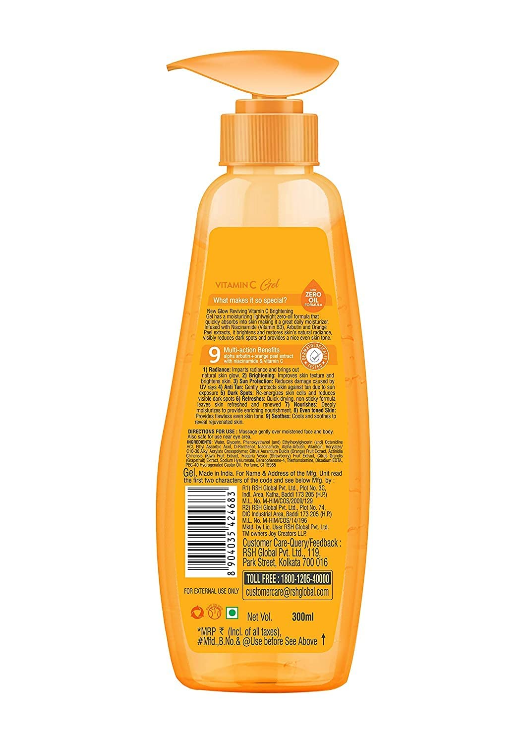 Joy Vitamin C Gel | Glow Reviving & Skin Brightening Gel | With Orange Peel extract, Alpha-arbutin, Anti Tan, Sun Protection, Skin Moisturizer for Face & Body, No Parabens | For All Skin Types 300 ml