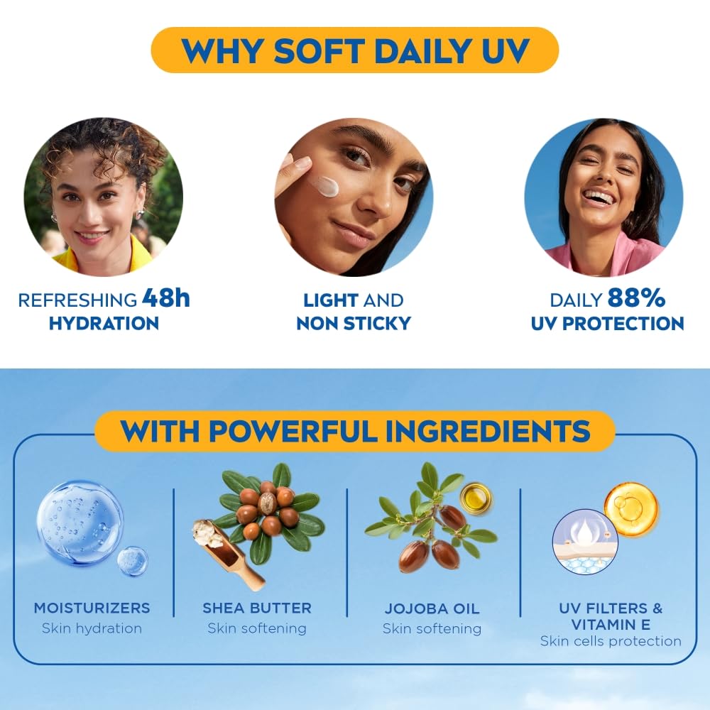 NIVEA Soft Daily UV Light Moisturising Cream with SPF-15, Vitamin E, Shea butter and Jojoba oil | Light Weight & Non Greasy | 48 H Hydration| UV Protection | All Skin types |100ml