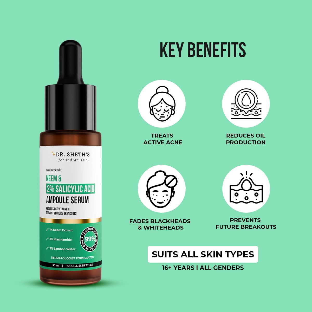 Dr. Sheth's Neem & Salicylic Acid Serum For Active Acne,Blackheads & Open Pores|2% Salicylic Acid & 1% Niacinamide|For Oily & Acne-Prone Skin|Men & Women|30Ml