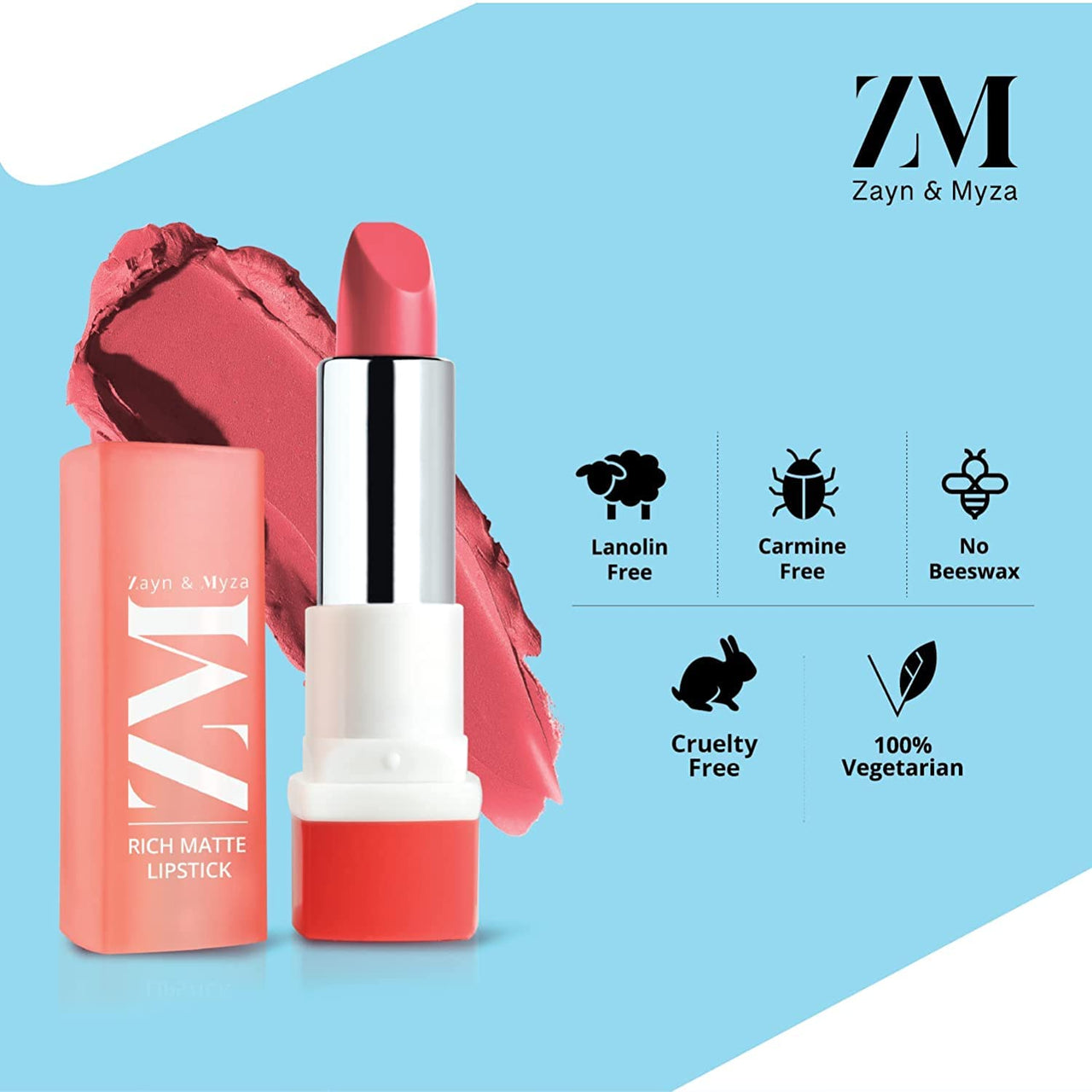 ZM Zayn & Myza Rich Matte Lipstick | Smooth and Light Weight | Intense Color in one Swipe | High Pigmentation Bullet Lip Stick Enriched with Argan oil, Murumuru and Shea Butter, (4.2 g, Fashionista)