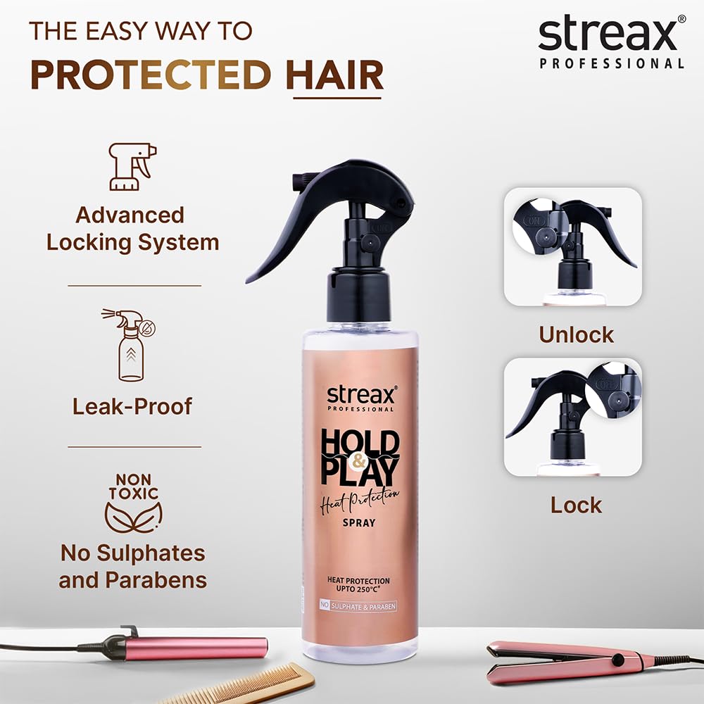 Streax Professional Hold & Play Heat Protection Spray For Hair -200 Ml, Hair Styling Spray For Women & Men, Heat Protectant Spray For Hair Upto 250°C & 2X Less Hair Breakage