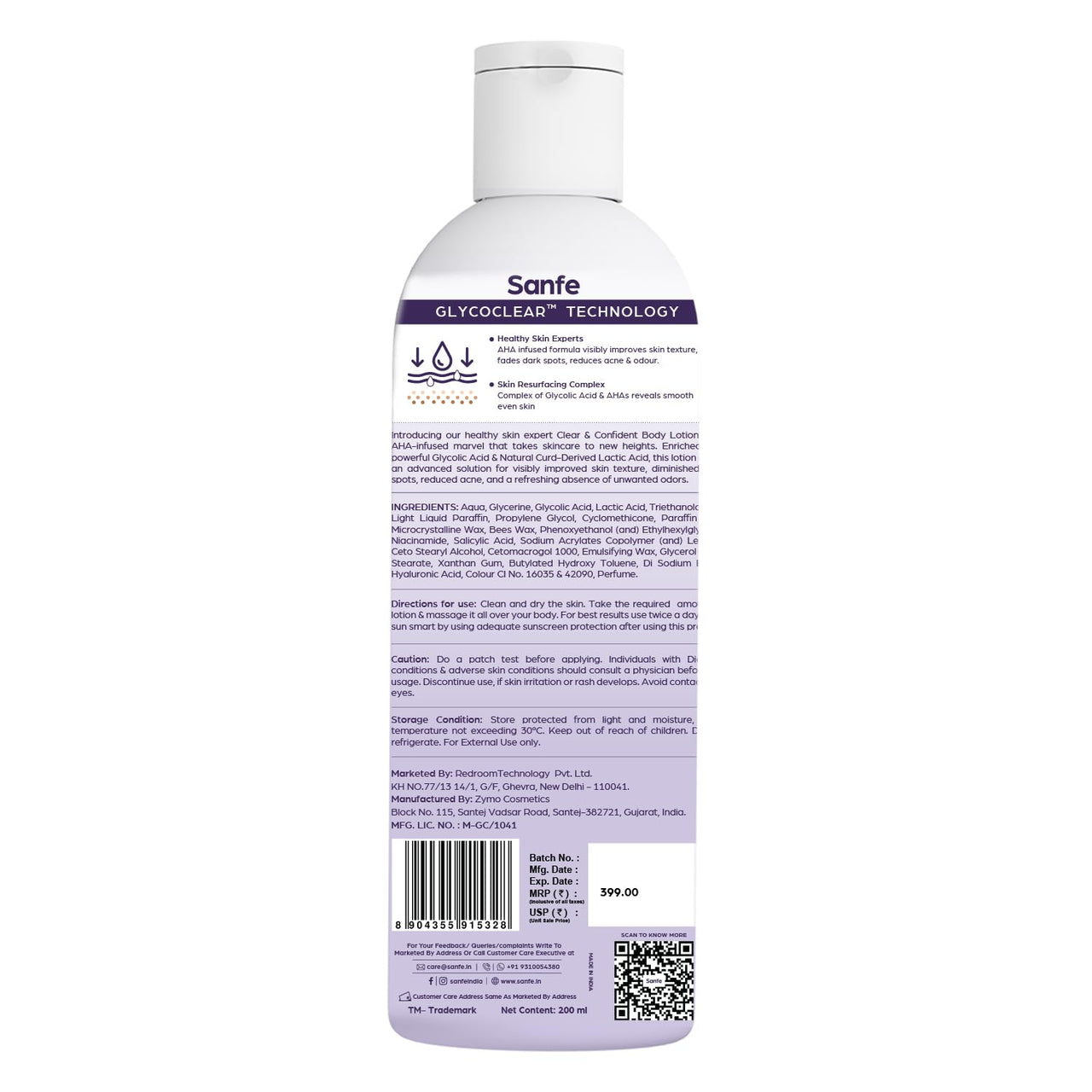 Sanfe Clear & Confident Glycolic Acid Body Lotion | Daily AHA Exfoliation for Rough & Bumpy Skin, Tan, Acne & Strawberry Skin | Niacinnamide, Lactic Acid SALICYLIC ACID 1% W/w | Smooth Skin from 1st Use | 200ml