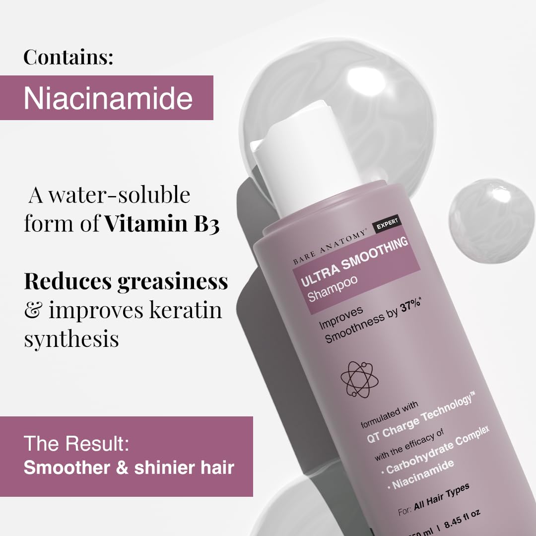 Bare Anatomy Ultra Smoothing Shampoo for Dry and Frizzy Hair | Restores Smoothing & Texture by 37% | Powered By Carbohydrate Complex & Niacinamide | SLS & Paraben Free | Vegan | For Men & Women -250ml