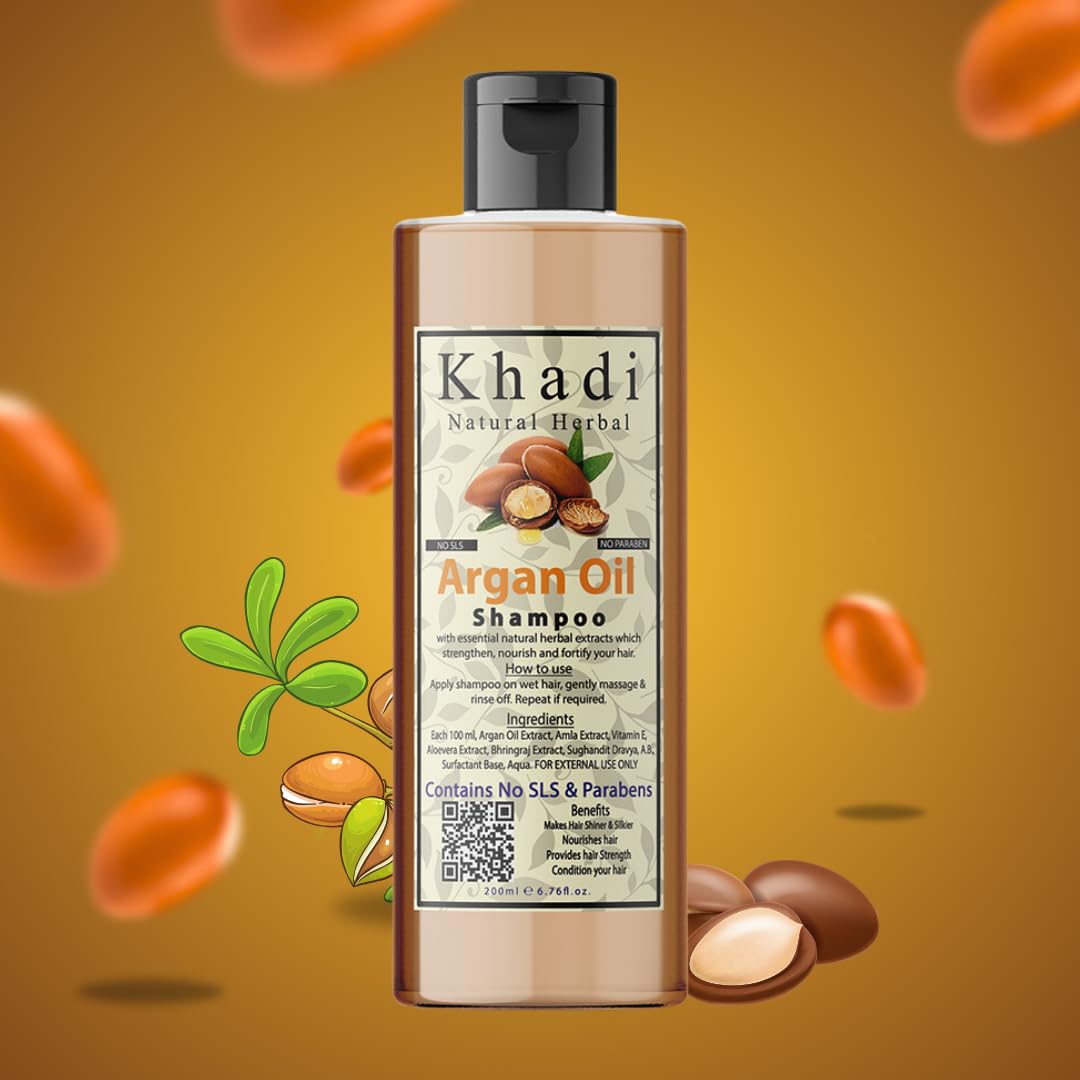 Khadi Natural Herbal Argan Oil Shampoo For Hair Growth | Enriched With Argan, Amla , Bhringraj , Aloevera And Vitamn E Extract | Sls And Parben Free Argan Shampoo For Men And Women Pack Of 200Ml