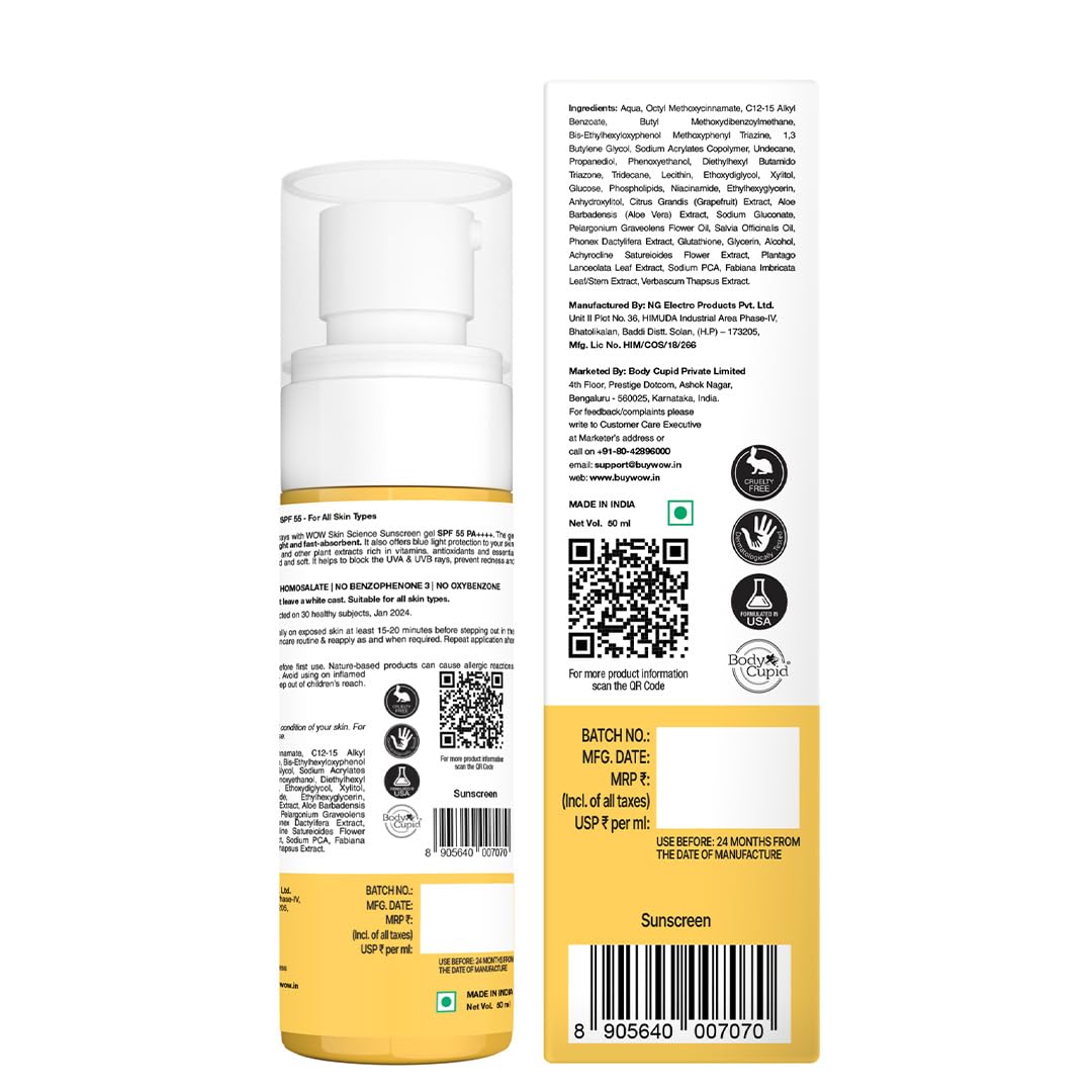 WOW Skin Science Sunscreen Gel For All Skin Types | SPF 55 PA++++ | With Glutathione & Aloe Vera Extract | Lightweight | Quick Absorbing | No White Cast | UVA & UVB Protection | 50 ml