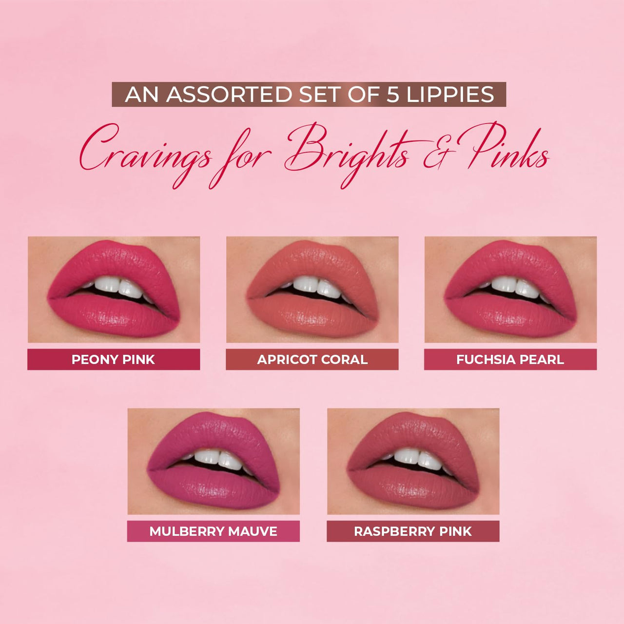 Just Herbs Ayurvedic Liquid Matte Lipstick Kit Set Of 5 With Long Lasting, Hydrating & Lightweight Lip Colour, Brights & Pinks - Paraben & Silicon Free - 5 Ml
