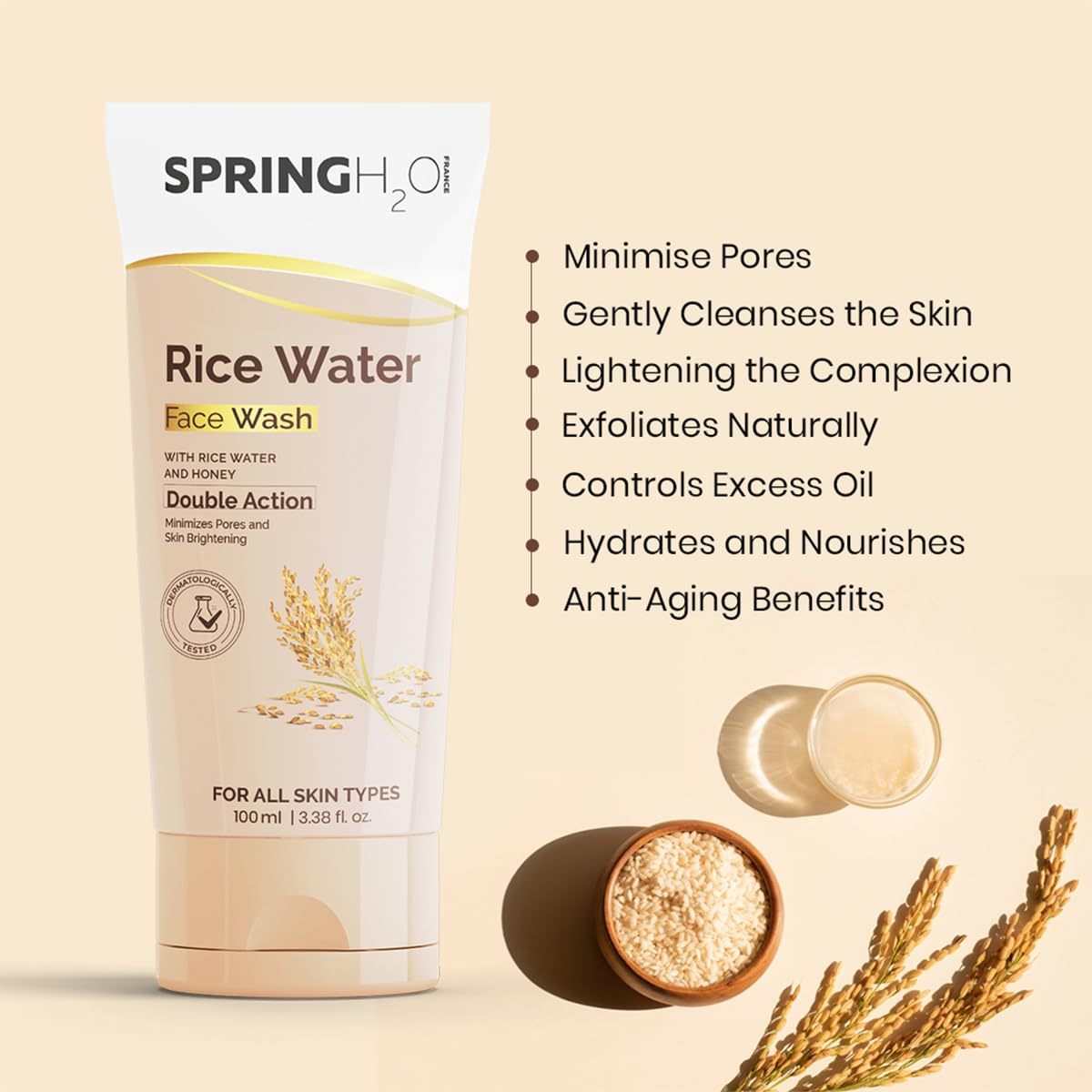 Spring H2O Rice Water & Green Tea Face Wash Combo – Brightening, Deep Cleansing, Acne Control – Gentle Daily Facial Cleanser for Glowing Skin, 2-Pack