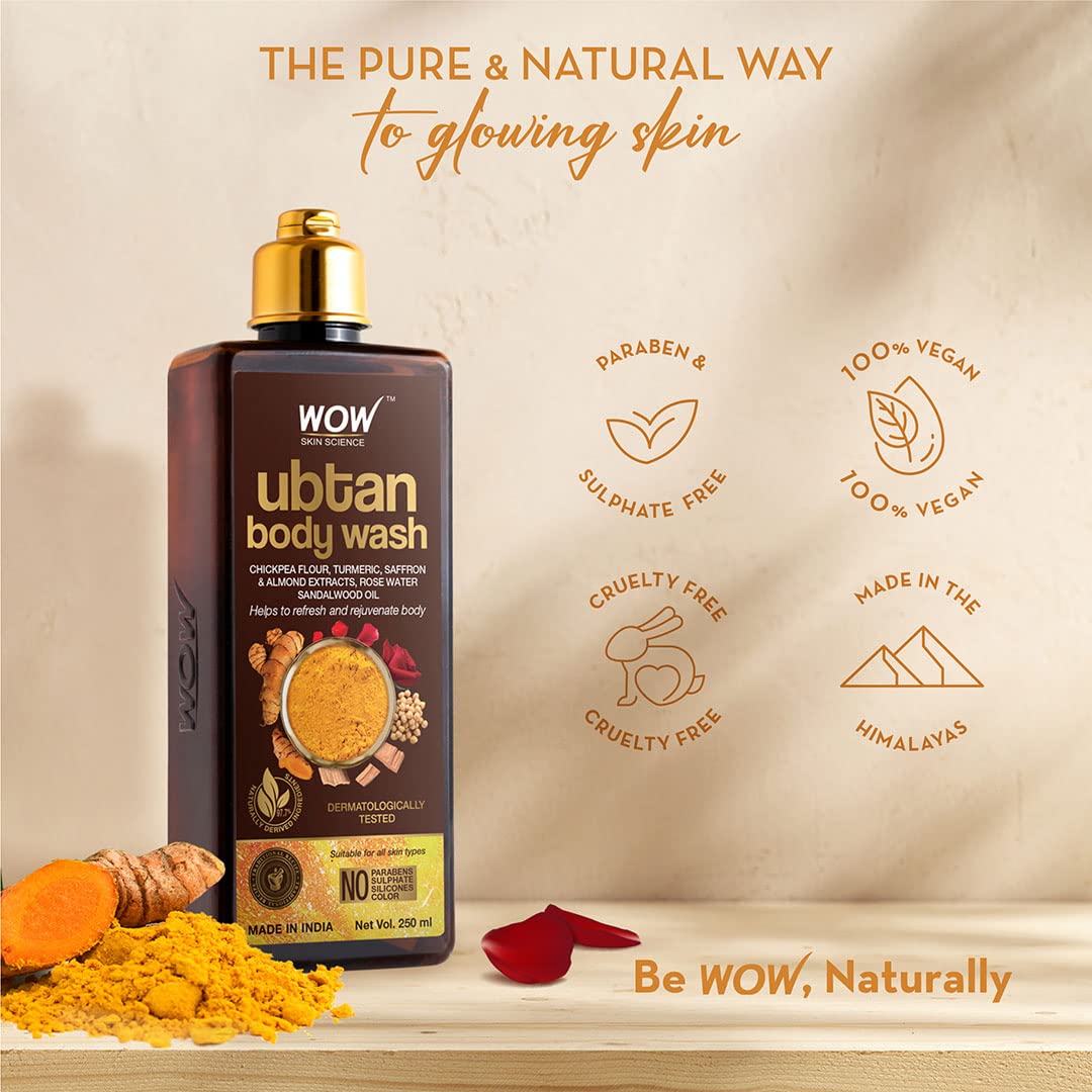 WOW Skin Science Ubtan Body Wash with Chickpea Flour, Almond Extract, Safron & Turmeric Extracts - Natural De Tan - No Sulphate, Parabens, Silicones & Color - 250 mL