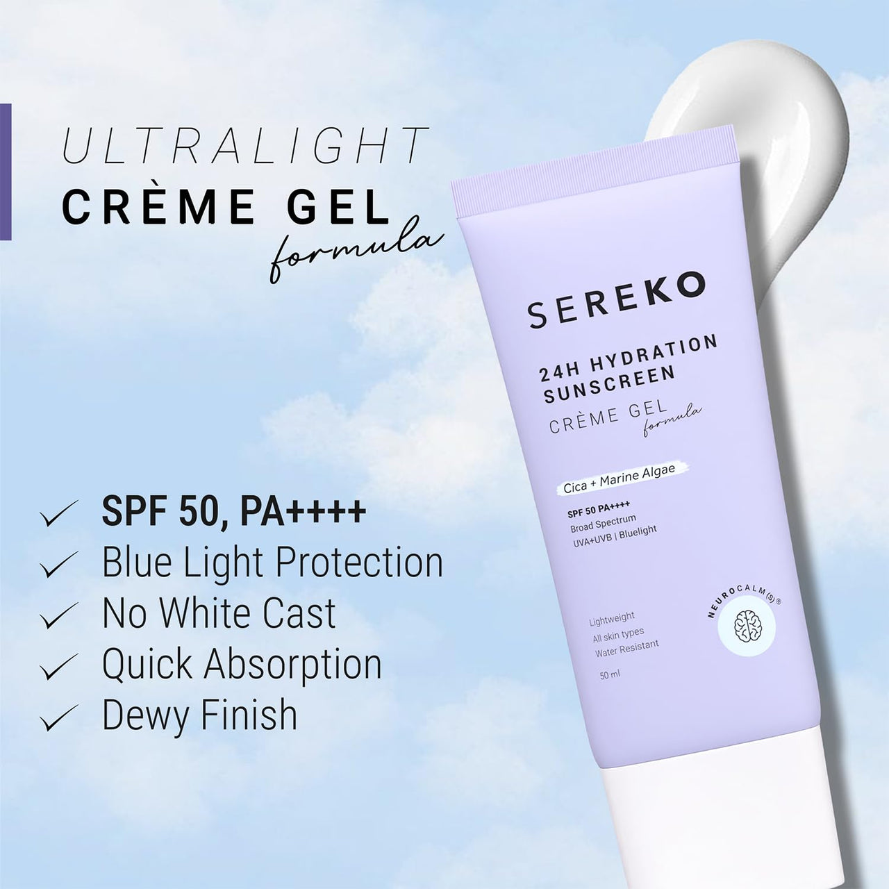 Sereko Sunscreen SPF 50 PA++++ Creme Gel with Zero White Cast for Women & Men | 24hrs Hydration, Quick Absorbing & Non Greasy | UVA+UVB & Blue Light Protection | Suitable to All Skin Type