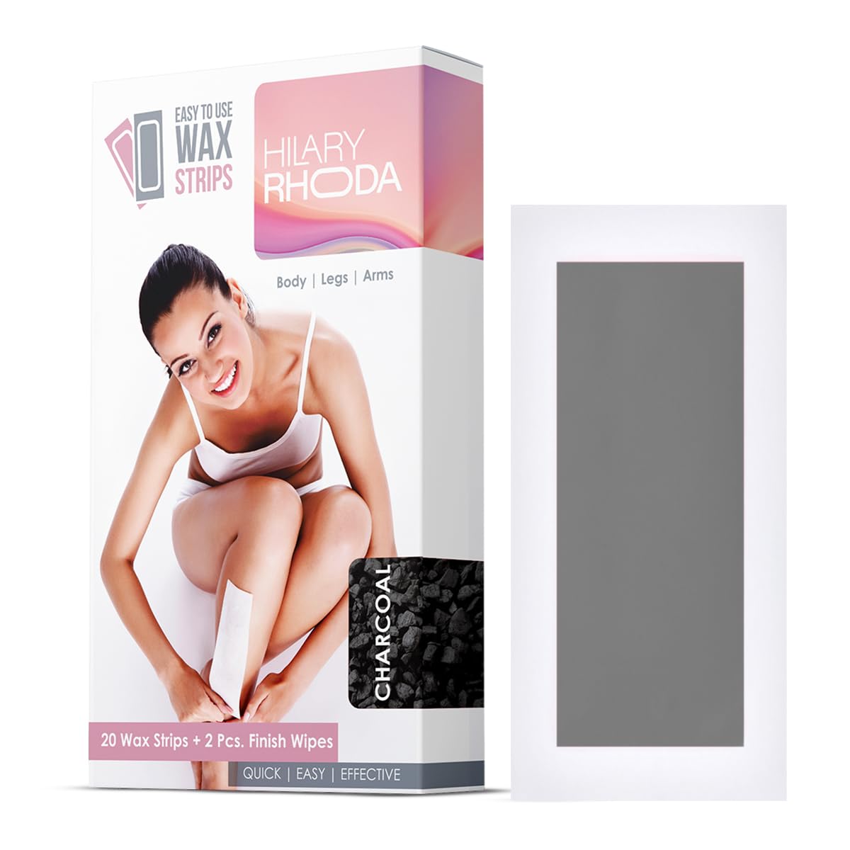 Hilary Rhoda Easy To Use Wax Strips | Gel Wax Hair Removal | Full Body Wax Strips for Arms,Legs & Body | Salon Like Results at Home Wax Strips | With 2 Finish Wipes | 20 Strips (Charcoal)