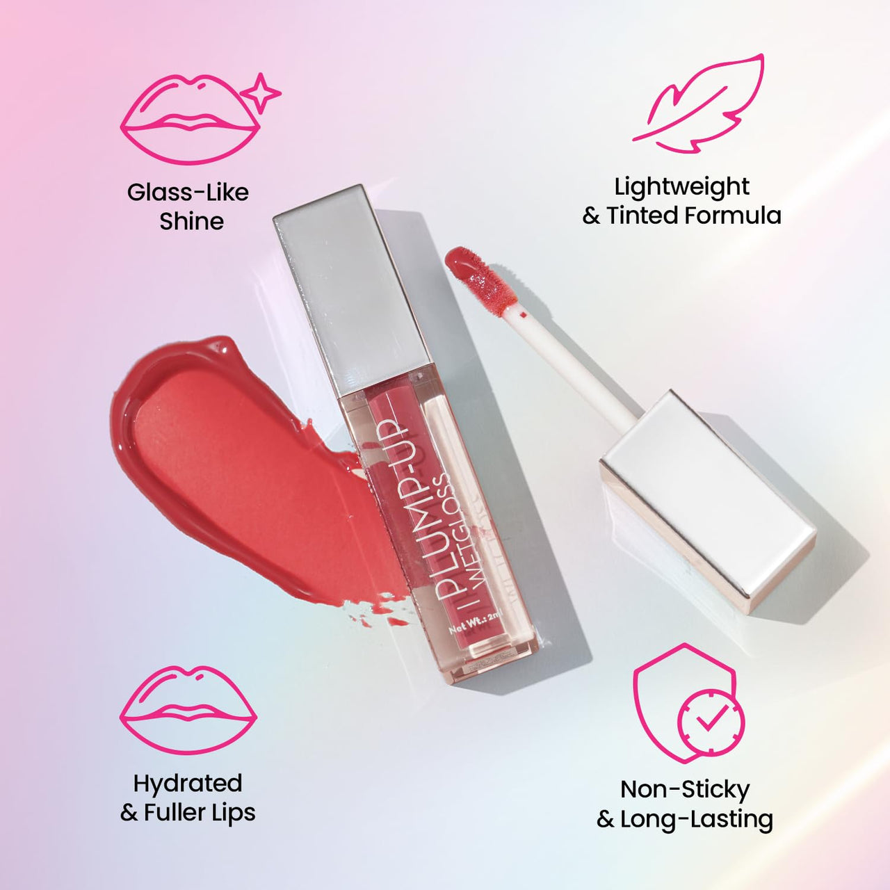 Swiss Beauty Plump-Up Wet Lightweight Lip Gloss With High Shine Glossy Finish For Fuller And Plump Lips | Shade- Spunky Pink, 2Ml|