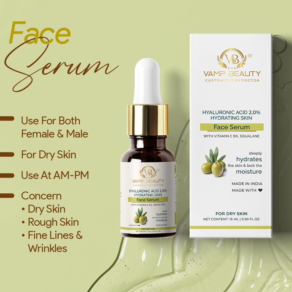Vamp Beauty Hydrating Face Serum | with 5% Vitamin C, 2% Hyaluronic Acid & Squalane | Lightweight & Fast Absorbing | Anti-Wrinkle Moisturizer for Dry, Rough Skin | 15ml
