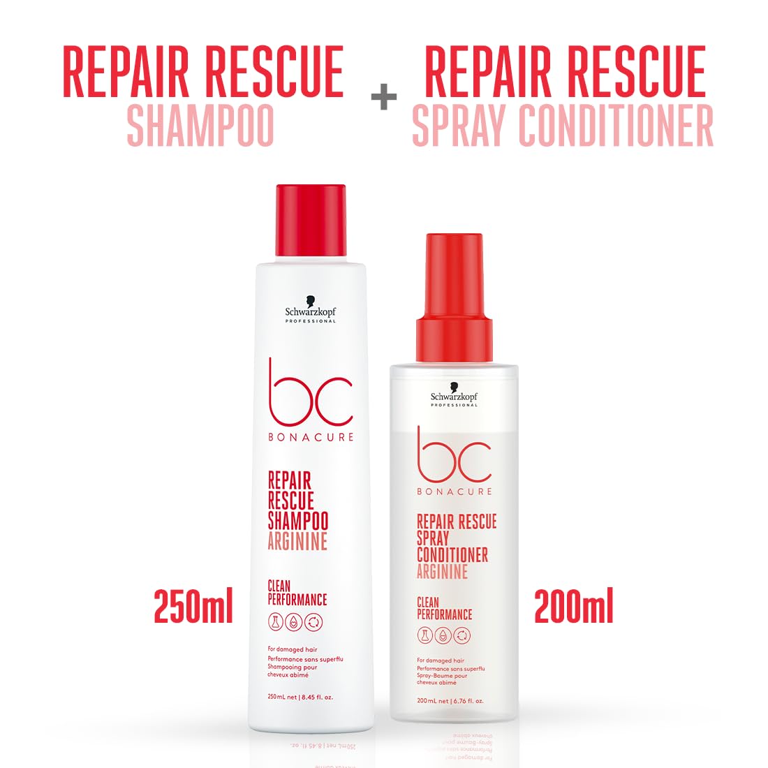 Schwarzkopf Professional New Bonacure Clean Repair Rescue Shampoo (250ml) with Arginine + Spray Conditioner 200ml | COMBO for Damaged and chemically treated hair