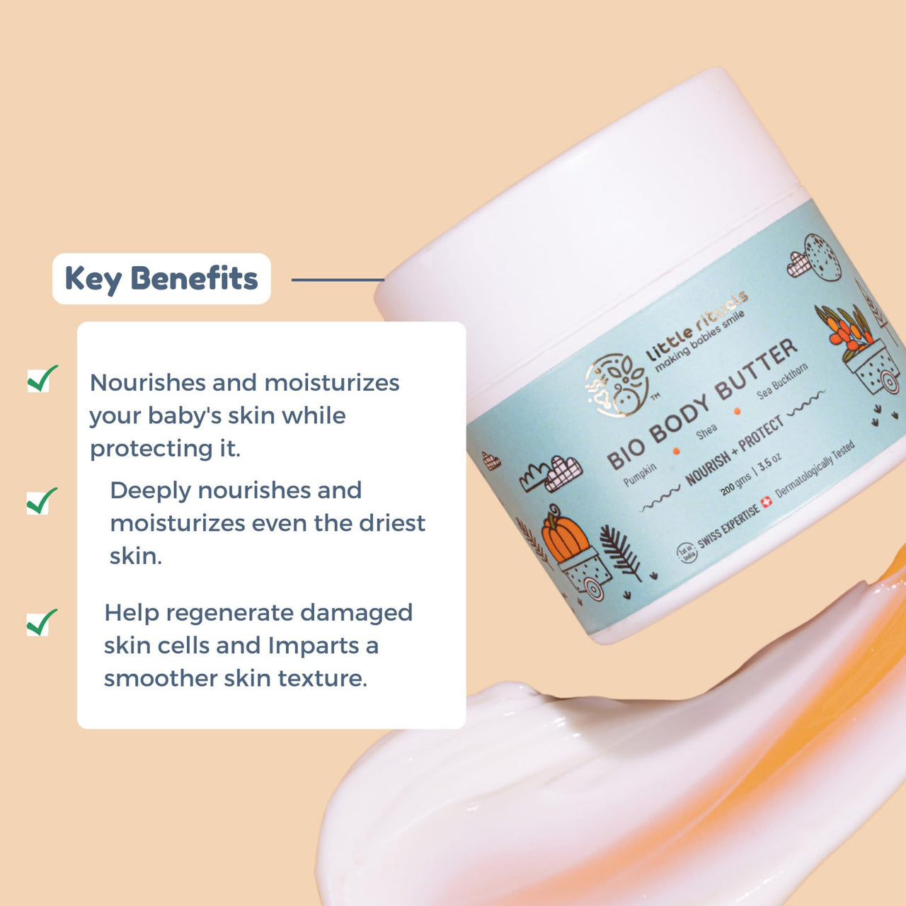 Little Rituals Baby BIO BODY BUTTER - NOURISH+ PROTECT Formulated with best plant botanical -PUMPKIN & SHEA BUTTER, SEABUCKTHORN OIL. Natural, Organic, Dermat tested, SWISS Technology (200 gm)