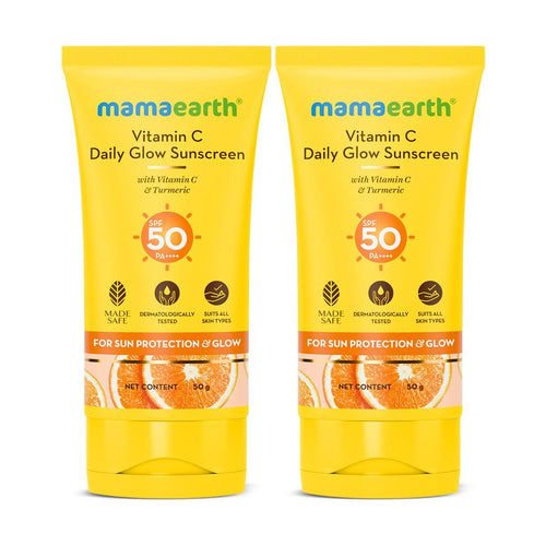 Mamaearth Vitamin C Daily Glow Sunscreen with Vitamin C & Turmeric | For Sun Protection, Tan Protection & Glow | SPF 50 & PA++++ Protection | No White Cast | Lightweight & Non-Sticky | Brightens Skin | For All Skin Types | 50 g x 2