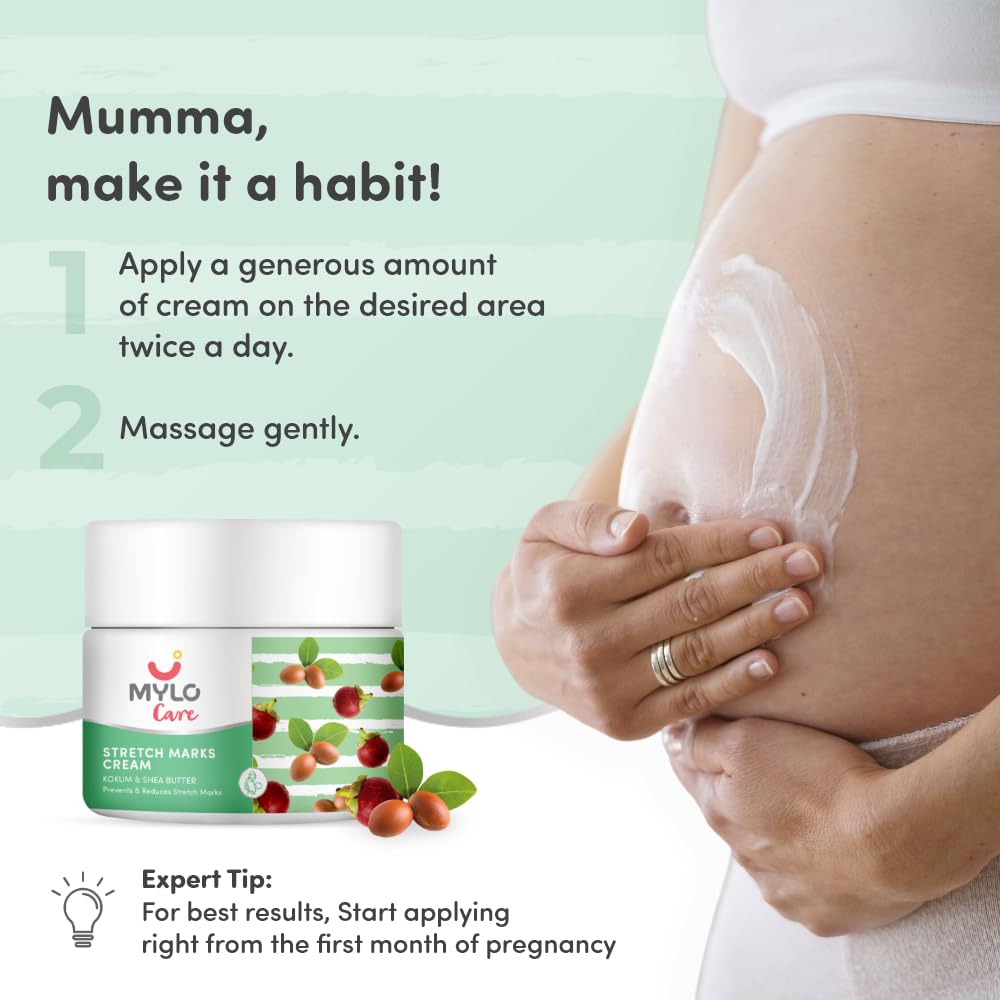 Mylo Care Stretch Marks Cream for Pregnancy with the Goodness of Shea Butter, Saffron, Kokum Butter and Aloe Vera, Australia Certified Toxin Free, No Mineral Oils - 100ml + 100ml (Pack of 2)