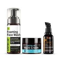 Ustraa Max Gentle Kit - Foaming Face Wash - Sensitive Skin - 150 ml | with Ceramides & 20% Vitamin C Face Serum - 30ml | 20% Vitamin C & Night Cream De-Tan & Anti-aging - 50g - Effective Tan Removal