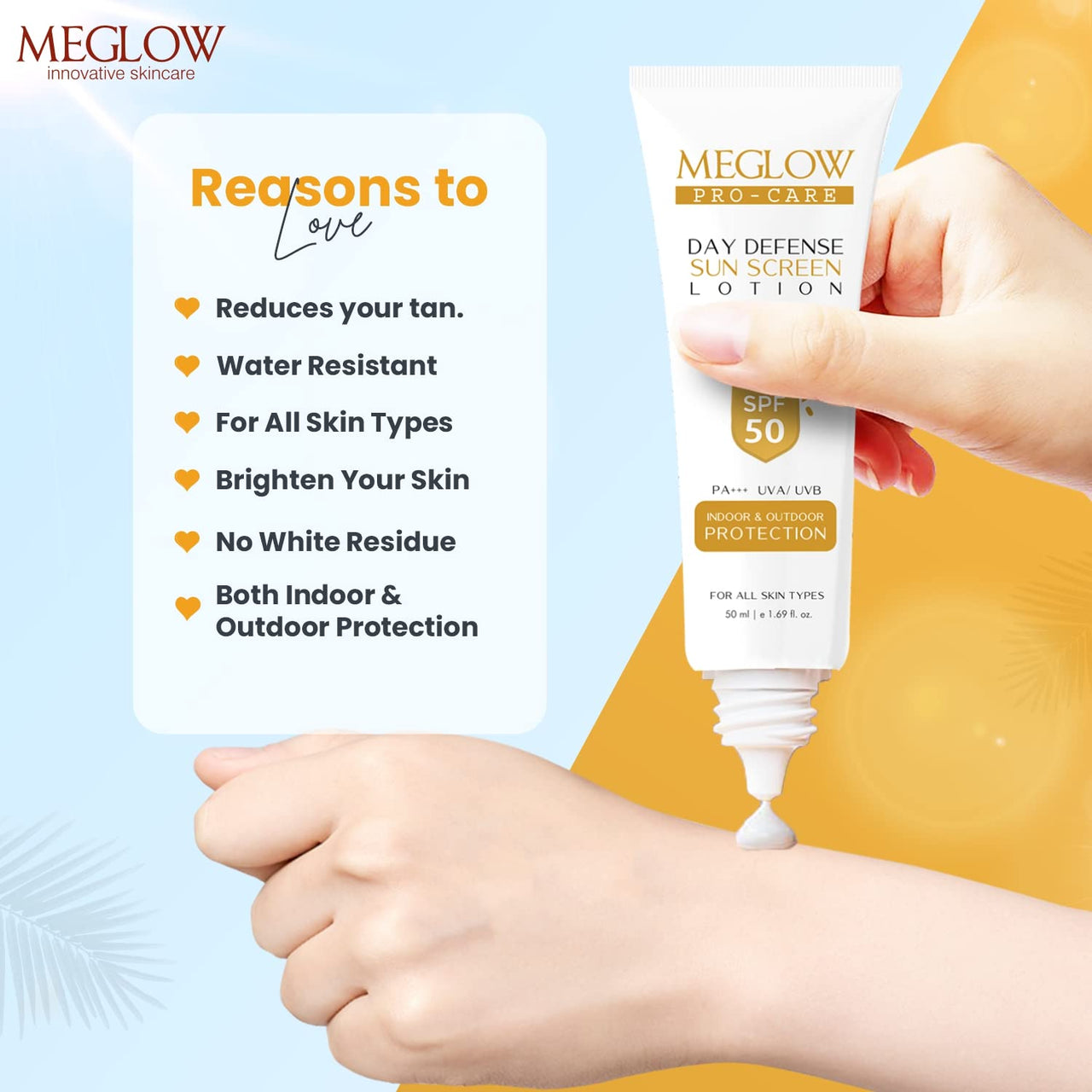 Meglow Pro-Care SPF 50 PA+++ Sunscreen Lotion for Face & Body (50ml) – Broad Spectrum UVA/UVB Protection & Blue Light Defense, Intense Hydration for All Skin Types