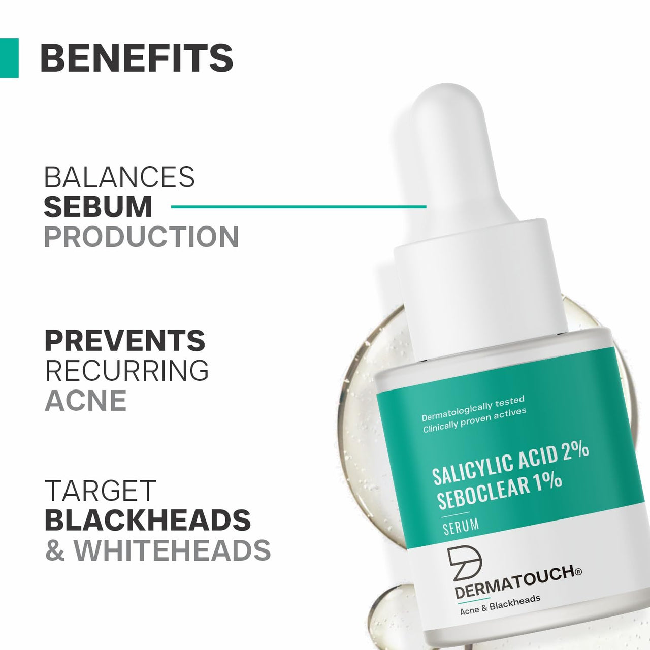 DERMATOUCH Salicylic Acid 2% Seboclear w/w 1% Face Serum | For Acne & Blackheads | Specially for Acne-prone & Oily Skin | 18ml