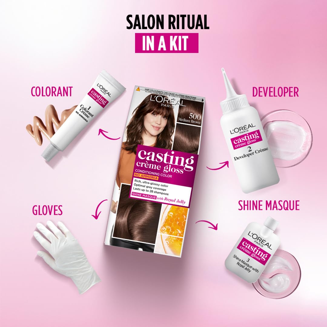 L'Oréal Paris Casting Crème Gloss Hair Color With Glycolic Gloss Complex | 5X Glossier Hair Color | Shade 500 - Medium Brown | 60g + 40ml + 60g
