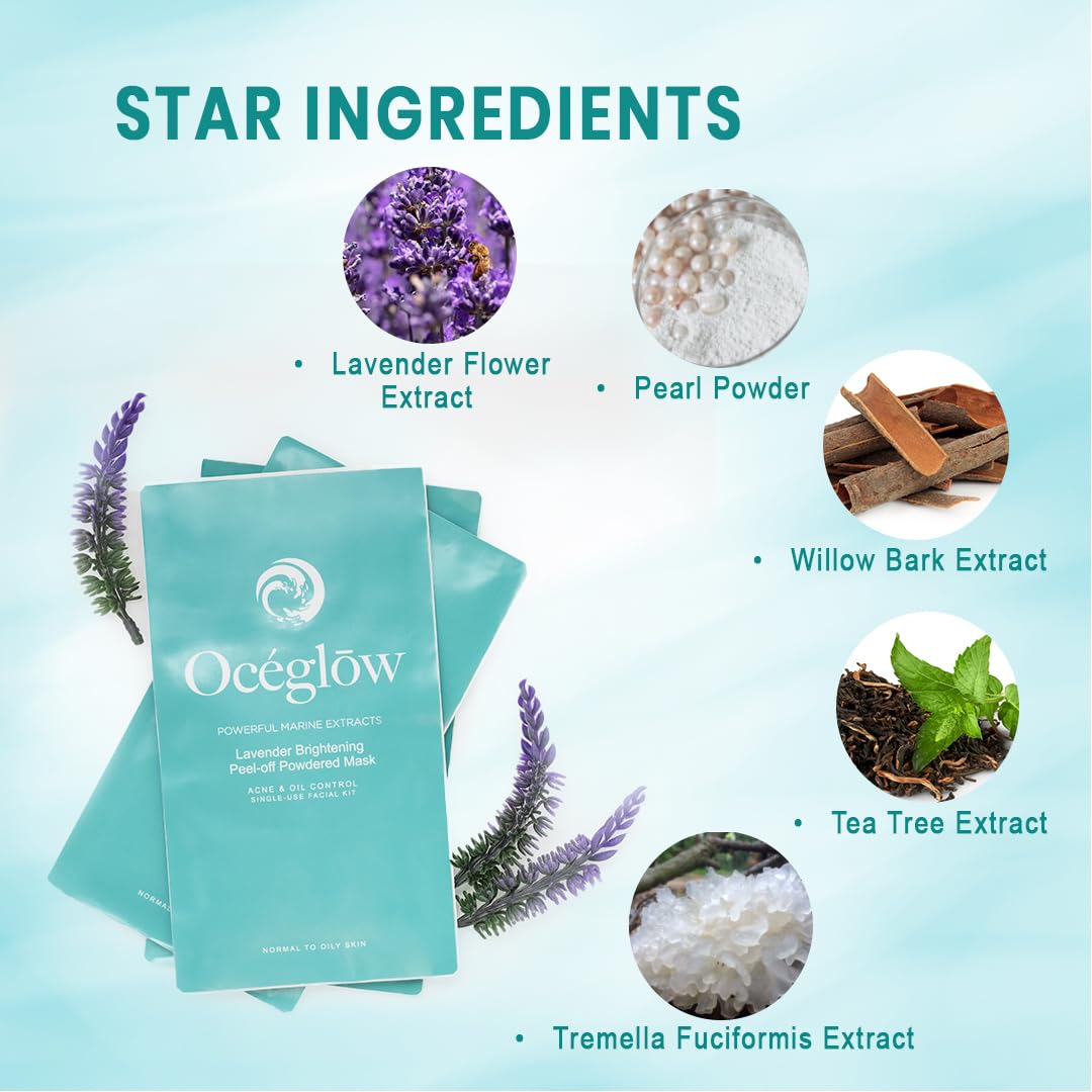 OCEGLOW-Powerful Marine Extracts Lavender Brightening Peel-Off Powdered Mask | Pack Of 7 Individual Sachets | Fights Acne, Controls Oil, Deep Cleanses, Soothes & Rejuvenates Skin | For Radiant Glow