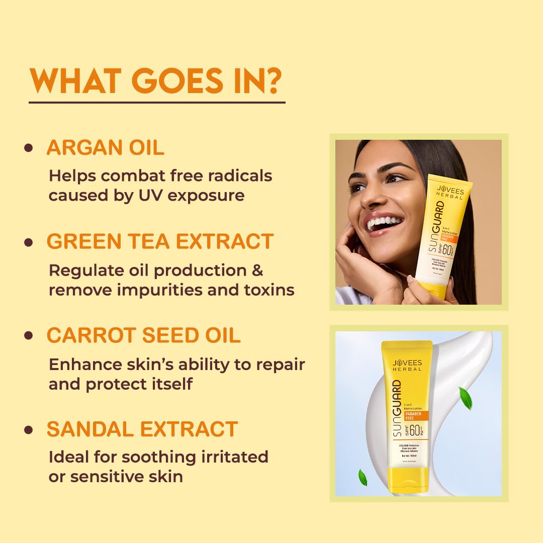 Jovees Herbal Sun Guard Lotion SPF 60 Pa+++ Broad Spectrum For All Skin | 3 in 1 Matte Lotion UVA/UVB Protection, Moisture Balance, Even Tone Skin For Women/Men 100ml (Pack of 2)
