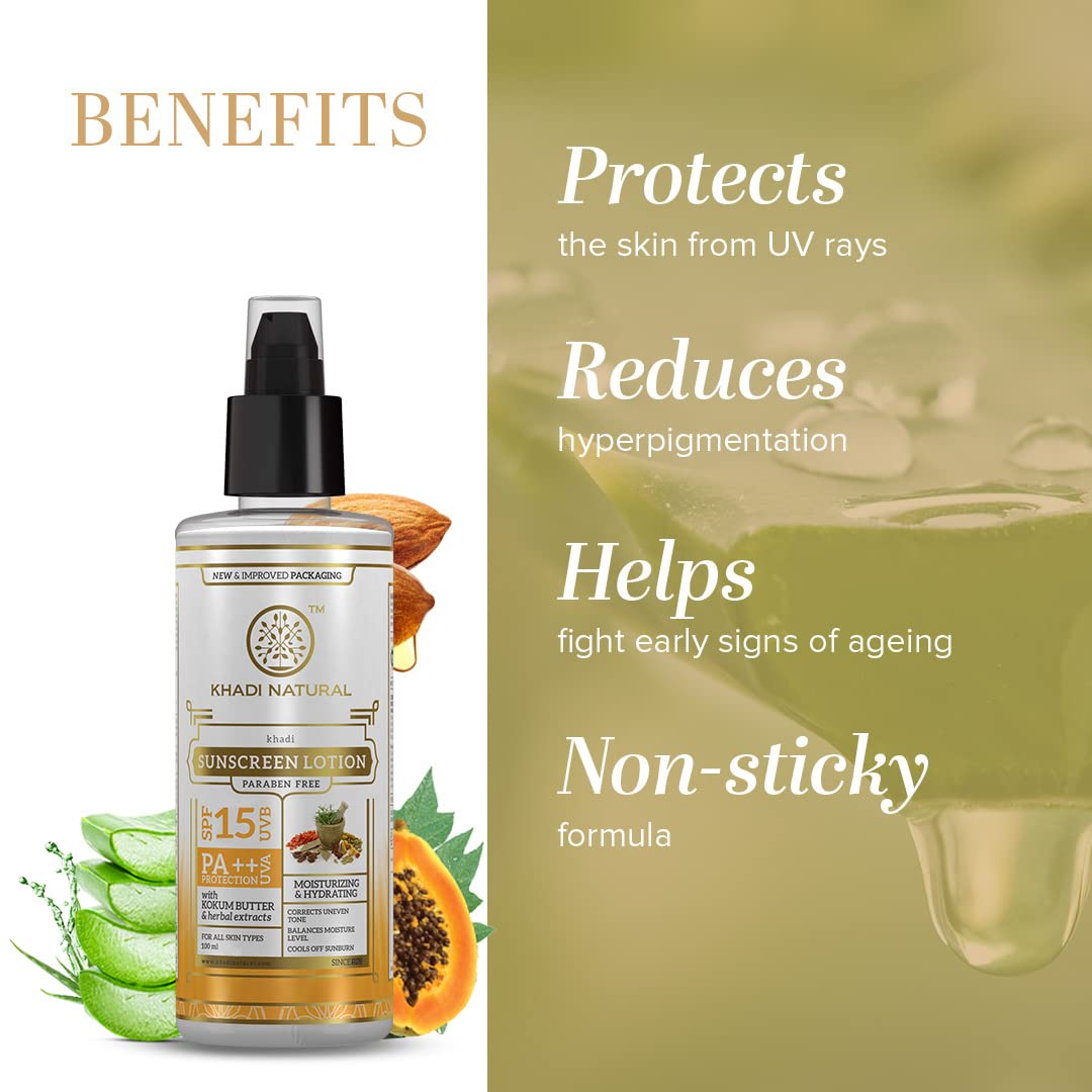 Khadi Natural Sunscreen SPF 15 PA++ with Kokum Butter & Herbal Extracts 100 ml, For Oily Skin, No White Cast, Non-Sticky, Paraben Free, Suitable for All Skin Types
