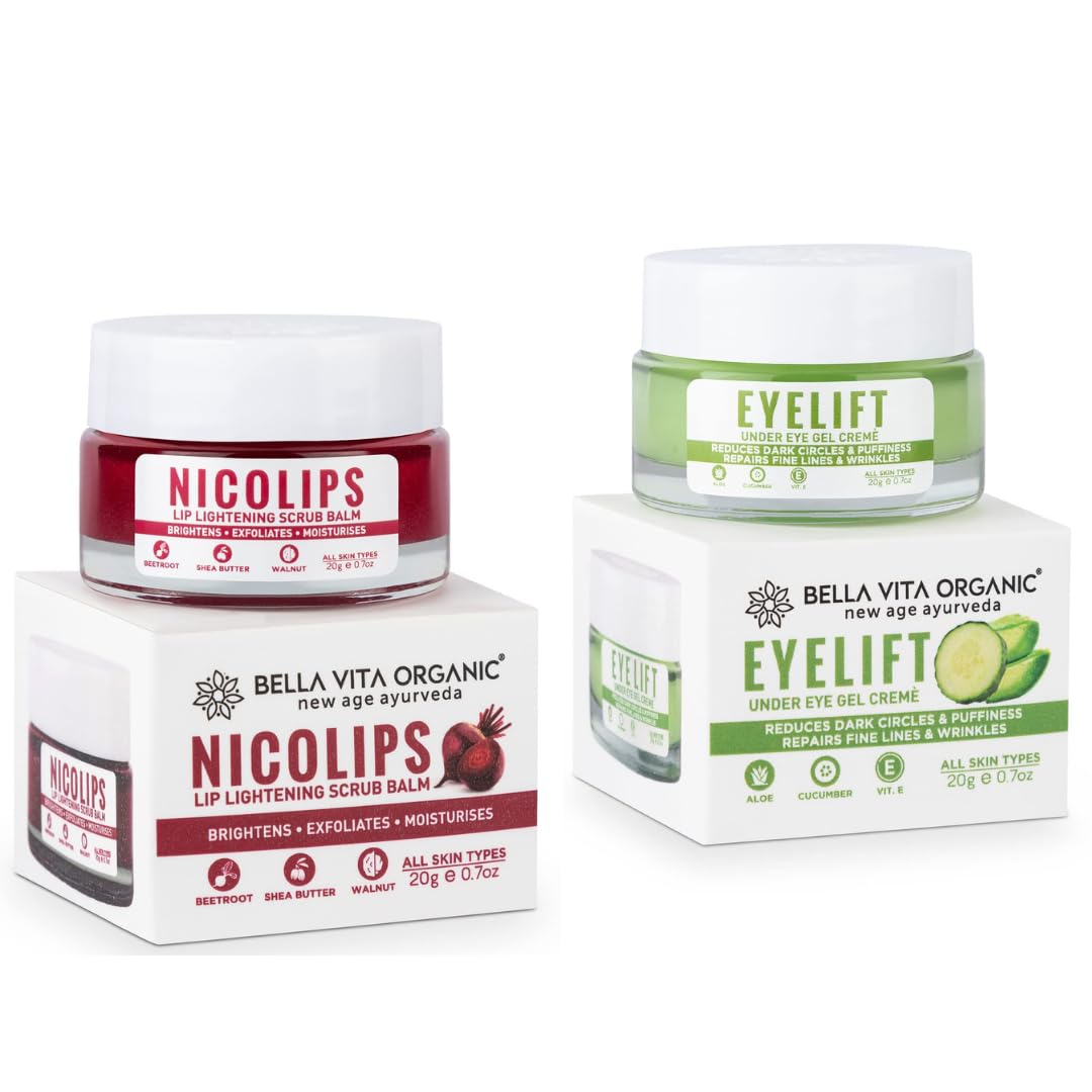Bella Vita Organic Dark Spots Removal Combo with NicoLips Lip Scrub Balm Brightening Dark Lips for Men and Women (20gm) - Under Eye Cream for Dark Circles for Women & Men with Vitamin E (20gm)