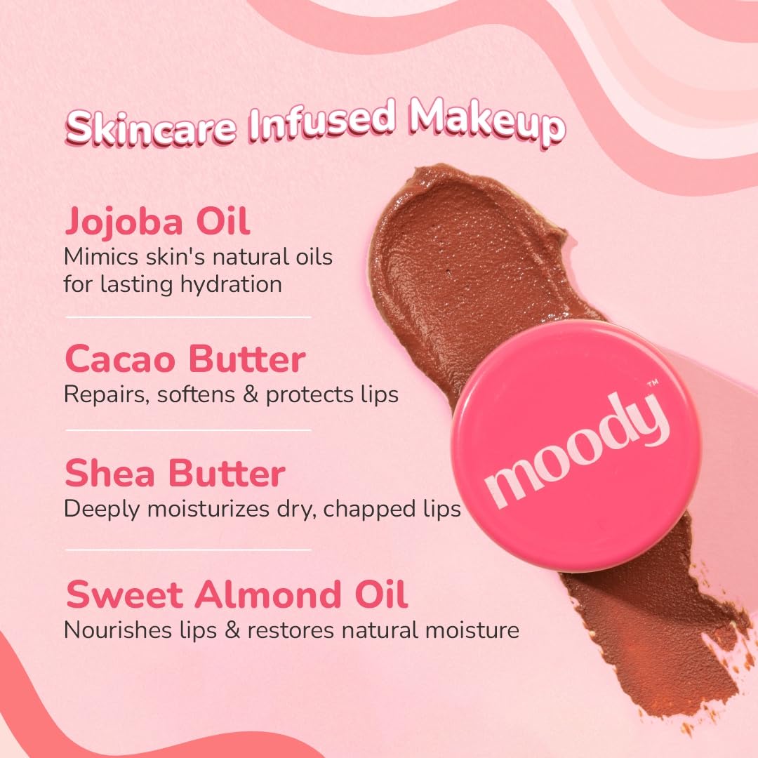Moody Plush 3-in-1 Lip, Cheek & Eye Cream - Berry Bliss with Cacao Butter, Shea Butter & Jojoba Oil | Long Lasting | Paraben Free Lip Balm Moisturizer For All Skin Type, 5gm