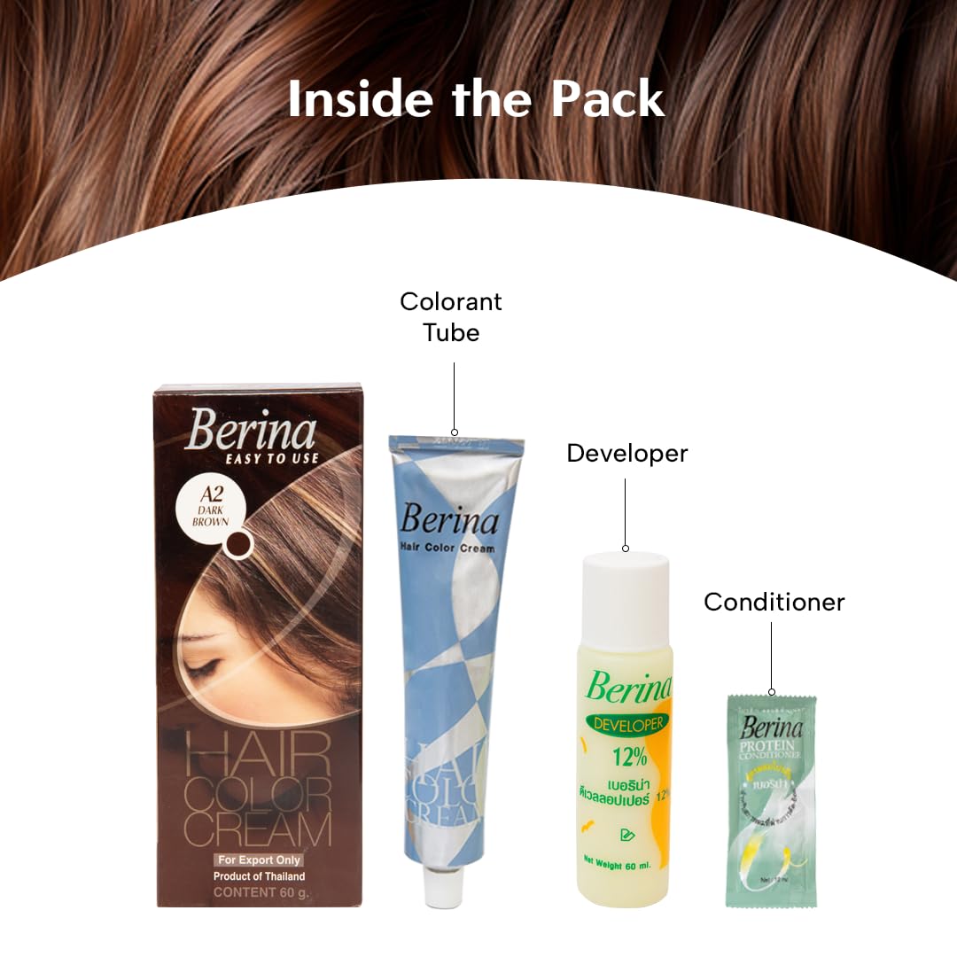 Berina Professional | Permanent Hair Color Cream | 60gm | A02 Dark Brown | Long Lasting Color