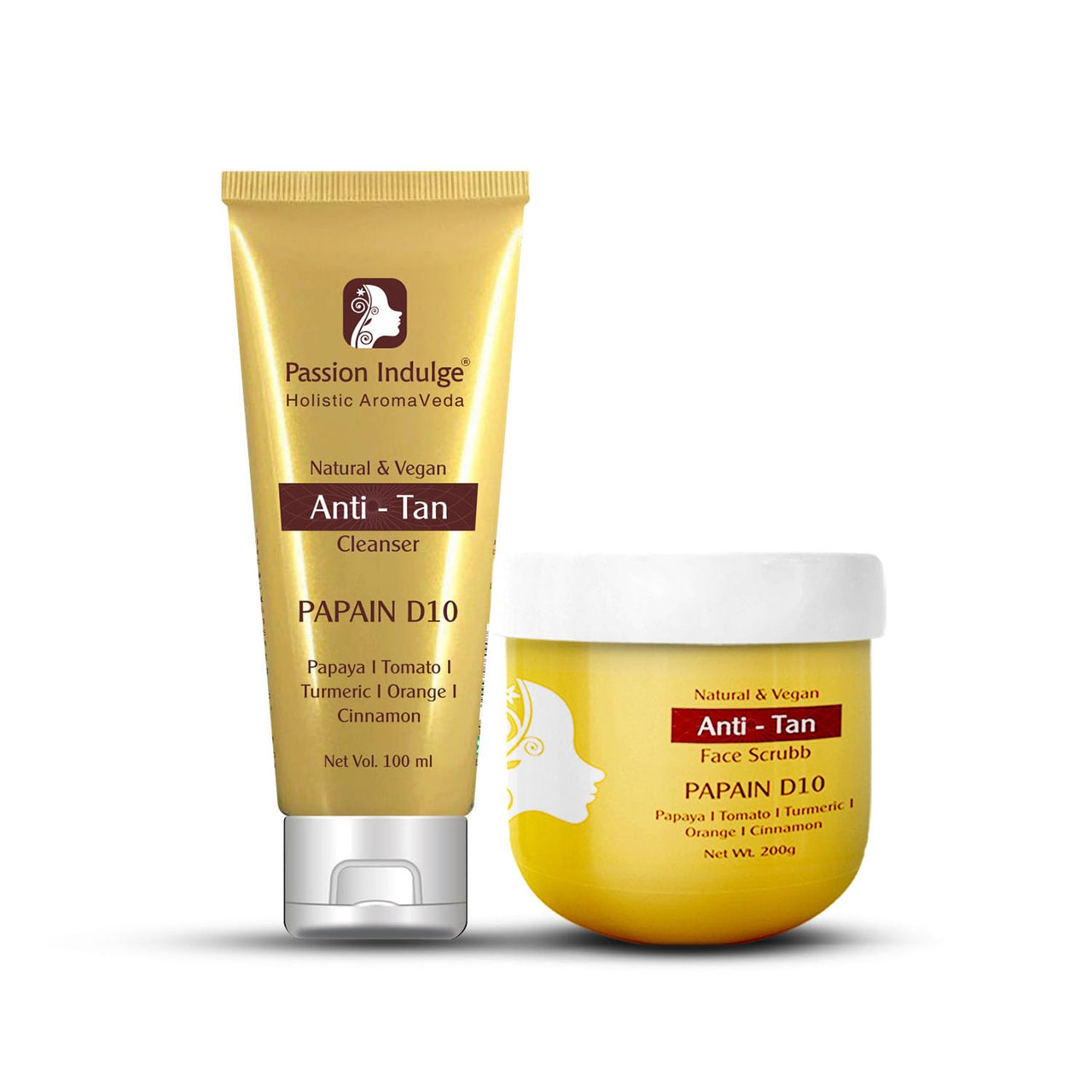 Passion Indulge Natural Papain D10 Cleanser 100ml & Papain D10 Face Scrub 200gm Combo Pack For Reduces Tan