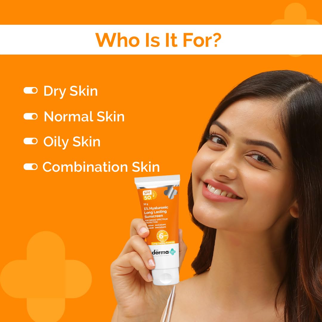 The Derma Co 1% Hyaluronic Long Lasting Sunscreen Spf 50 Pa++++|With Hyaluronic Acid & Vitamin E|For Broad Spectrum|Upto 6H Sun Protection|Water & Sweat Resistant|No Reapplication Needed|50G, All
