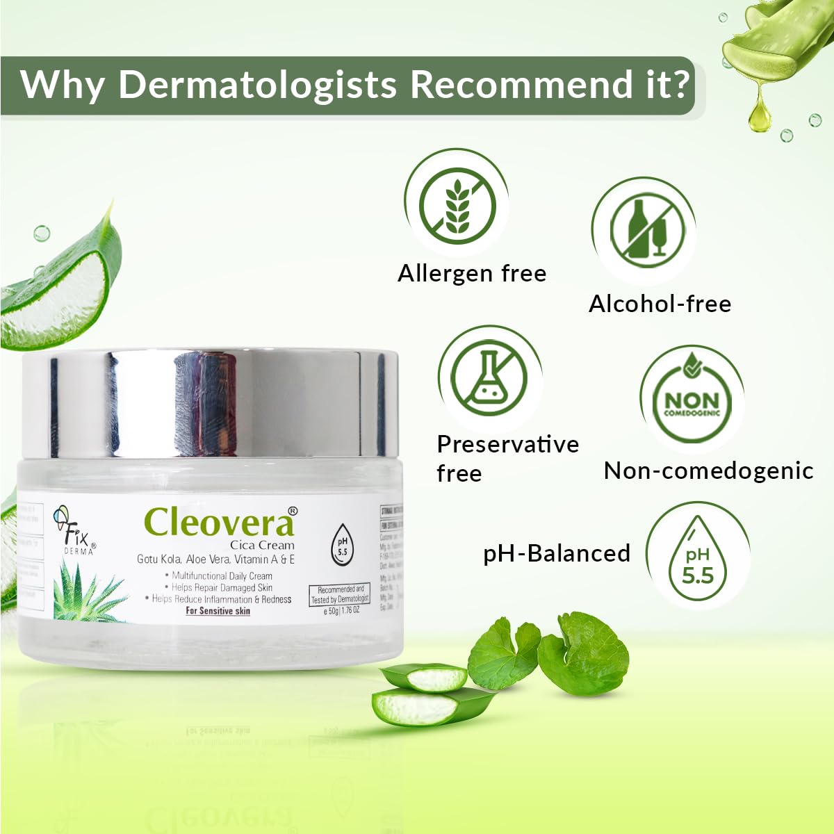 Fixderma Cleovera Cica Cream for Face with Gotu Kola, Aloevera, Vitamin A & E | Damage Skin Repair Face Cream | Suitable for Sensitive, Dry & Damaged Skin - 50g