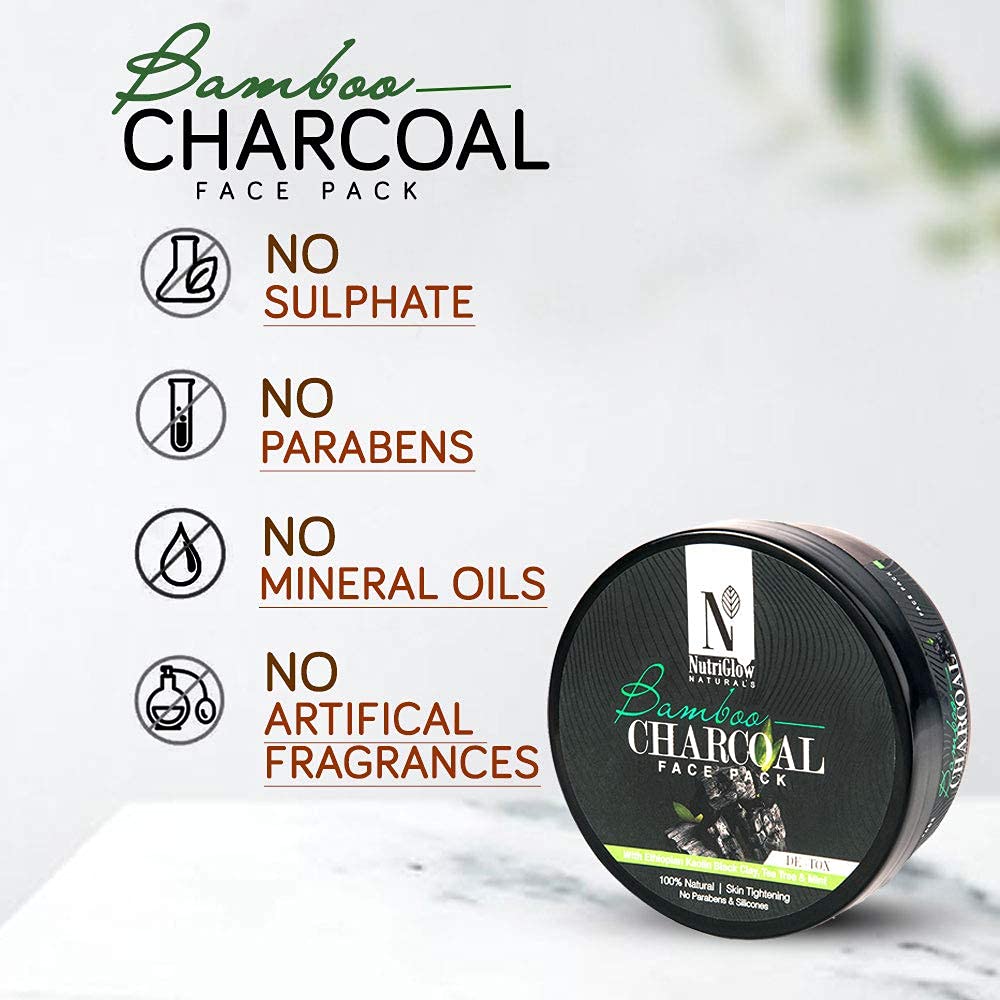 NutriGlow Natural's Bamboo Charcoal Face Pack With Ethiopian Kaolin Black Clay For Brightening, Lightening & Tightening Skin,100% Natural, 200gm