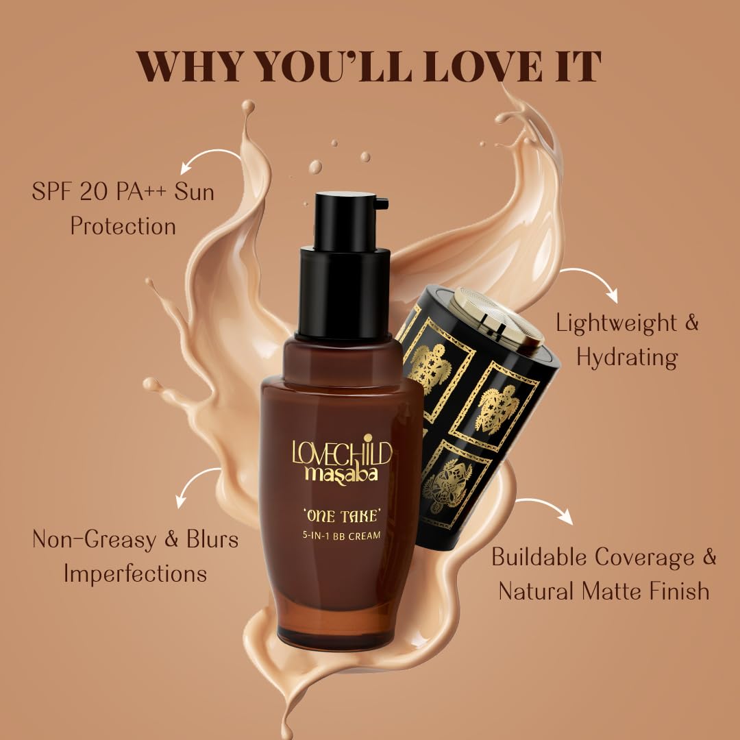 LoveChild Masaba One Take 5 in 1 BB Cream For Medium Skin Tone, Benefits of Serum, Primer, Moisturizer, Concealer & SPF 20 PA ++ Matte Finish All-in-One Tint for Flawless Skin, Mah-Dona 30ml