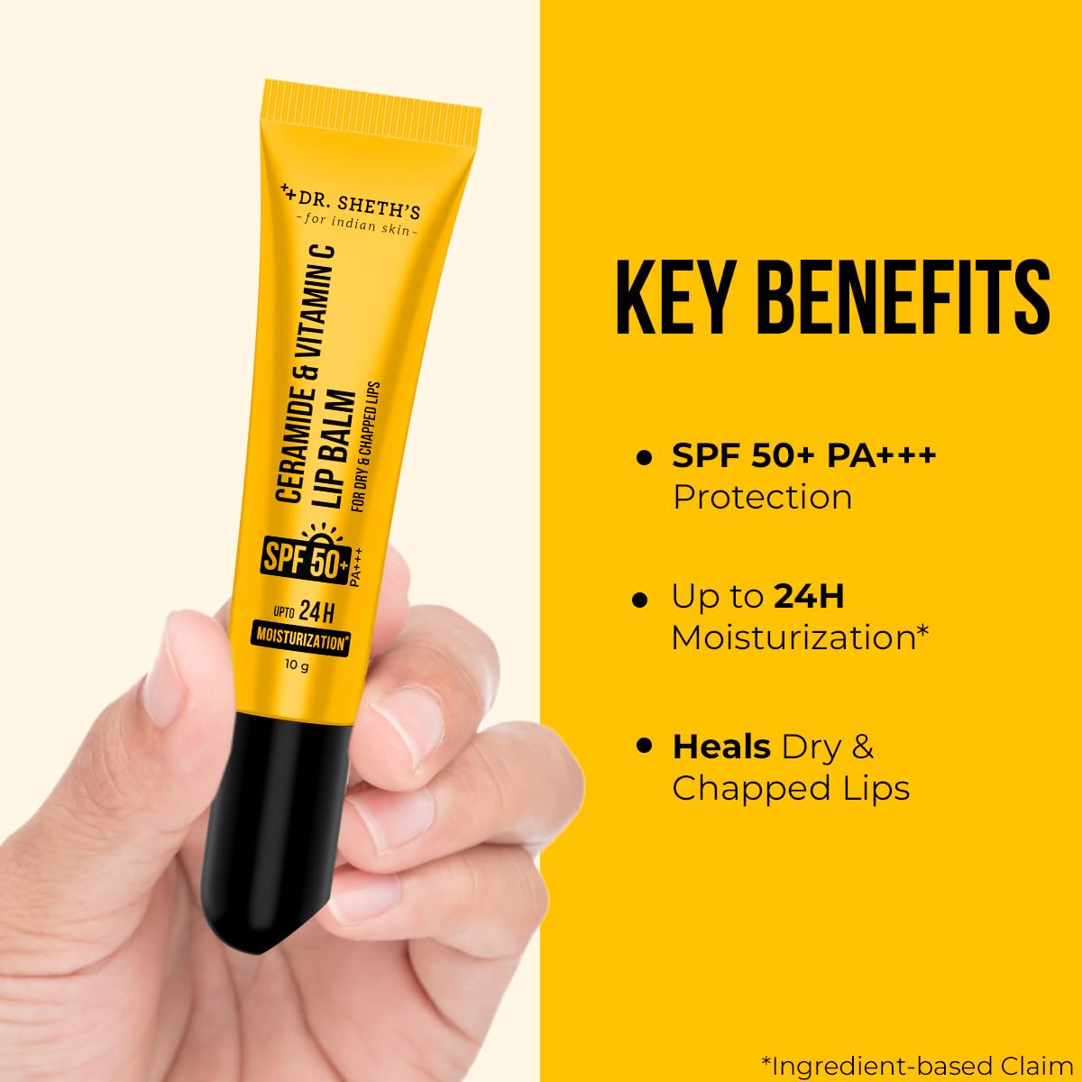 Dr. Sheth's Ceramide & Vitamin C Lip Balm | Heals Dry & Chapped Lips 24H Moisturization| Sun Protection with SPF 50+ PA+++| Barrier Repair |Non Sticky | Non greasy|Lightweight| All Genders| 10g