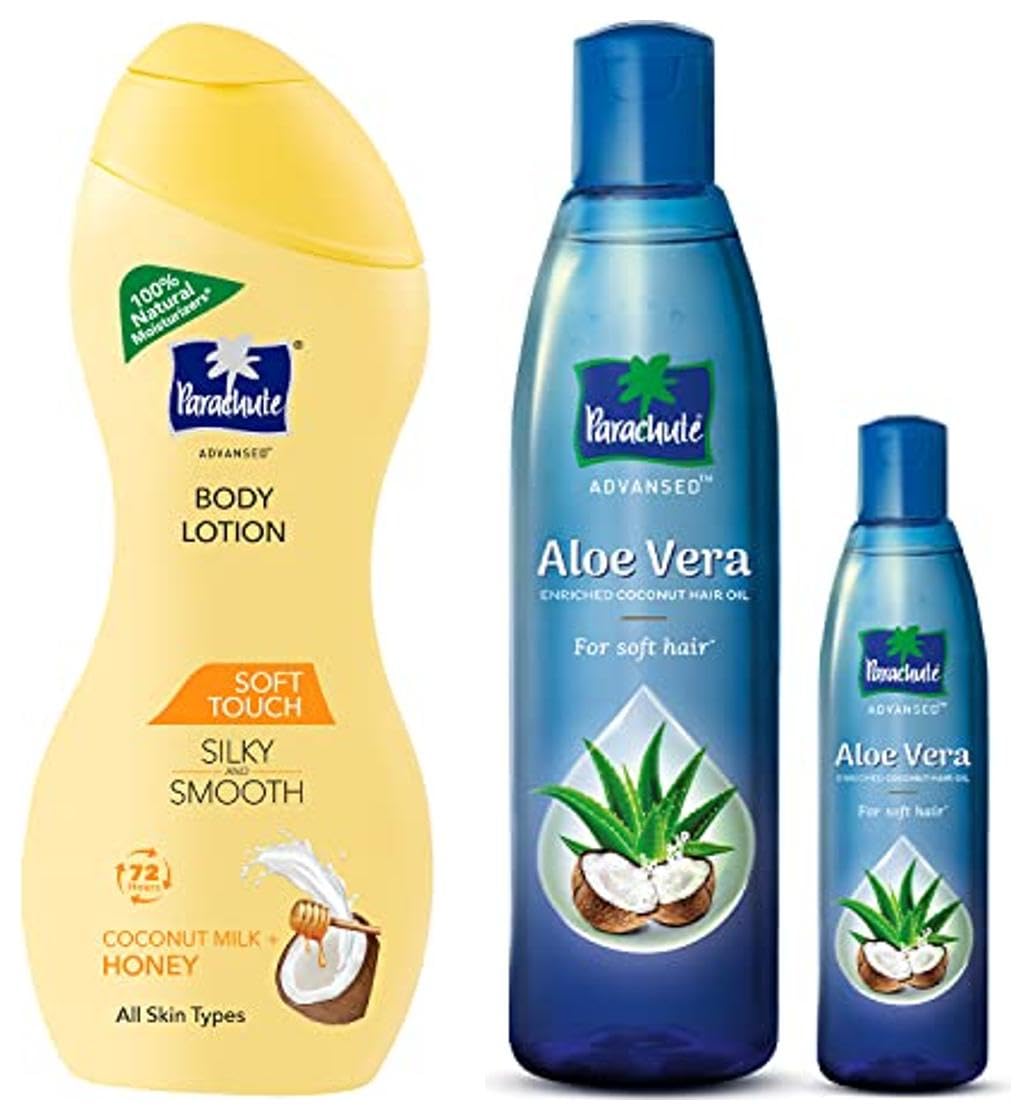 Parachute Advansed Soft Touch Body Lotion for Women & Men, All Skin types, 250ml & Parachute Advansed Aloe Vera Enriched Coconut Hair Oil, 250ml + 75ml | For Soft, Strong Hair