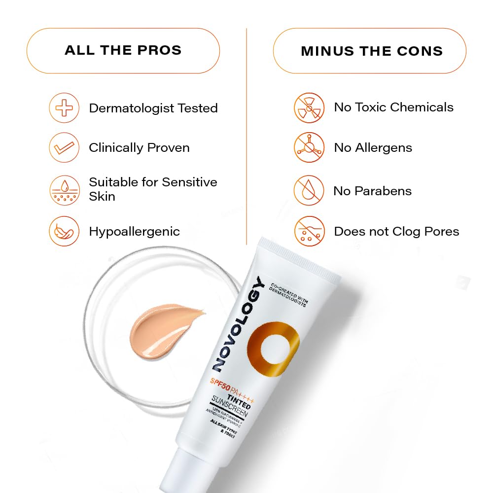 Novology SPF 50 PA++++ Tinted Sunscreen with Niacinamide for Pigmentation, Dark Spots and Acne Marks | Blends into Natural Finish | For All Skin Types | 50 g