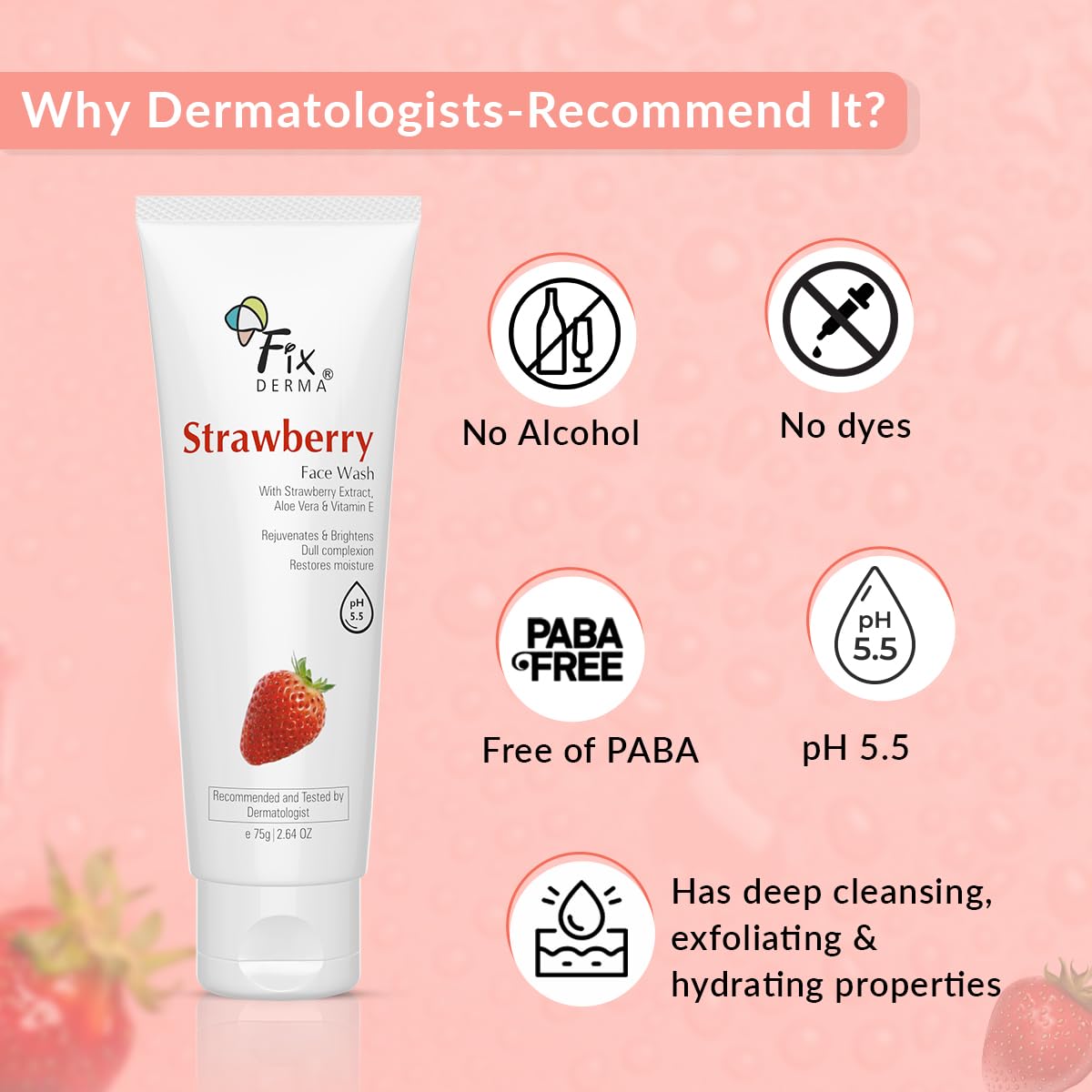 Fixderma Strawberry Face Wash with Vitamin E & Strawberry Extract | Face Wash & Face Cleanser | Face Wash for Oily Skin (All Type Skin) | Face Wash for Women & Men - 75g
