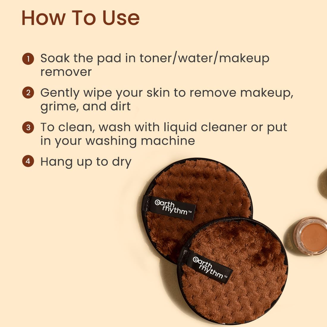 Earth Rhythm Reusable Makeup Remover Cleansing Pads | Easily Removes Stubborn Face & Eye Makeup | Multifunctional, Safe for Oily, Dry or Sensitive skin | Pack of 2
