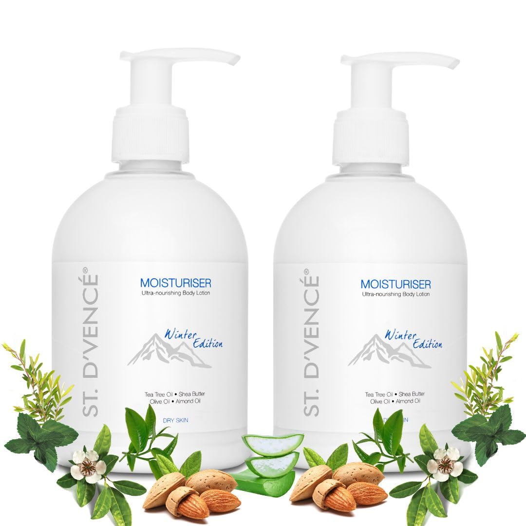 ST. D'VENCE Alpine Winter Edition Moisturizer Body Lotion for Dry Skin Women & Men | Tea Tree Oil, Shea Butter & Vitamin E | Body Lotion for Summer | Combo Pack of 2- (300 ml x 2)