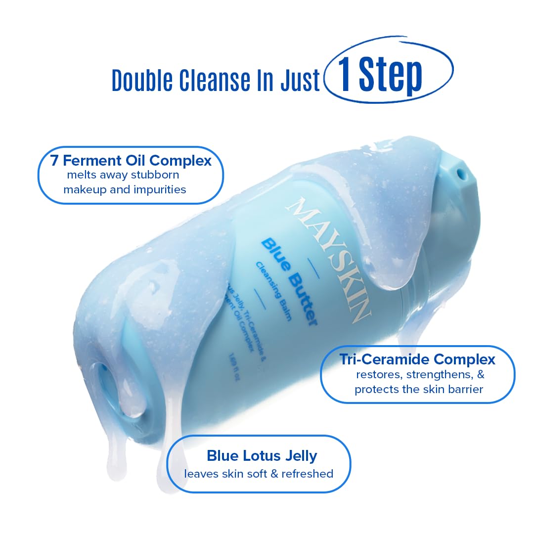 Mayskin Blue Butter Cleansing Balm | Jelly‑to‑Oil Melt Cleanser with 7‑Ferment Oils & Ceramides | Melts Waterproof Makeup & Impurities including blackheads & whiteheads | Fragrance‑Free | For All Skin Types | Non-Comedogenic | 50ml