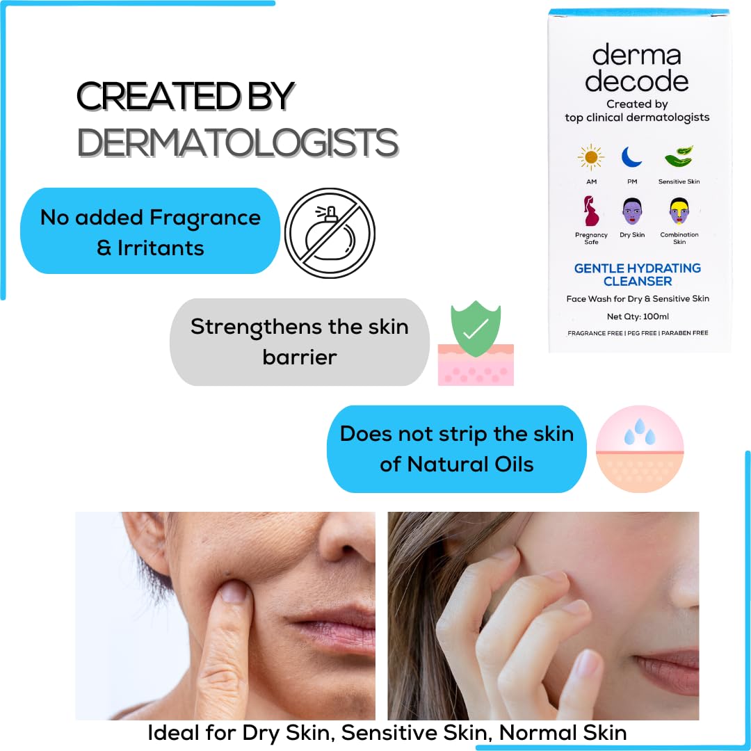 Derma Decode Face Wash For Dry Skin Women, Kids & Men - Dermatologist Created Sensitive, Dry Skin Facewash, Gentle Hydrating Cleanser with Ceramides, Hyaluronic Acid, Fragrance Free 100ml