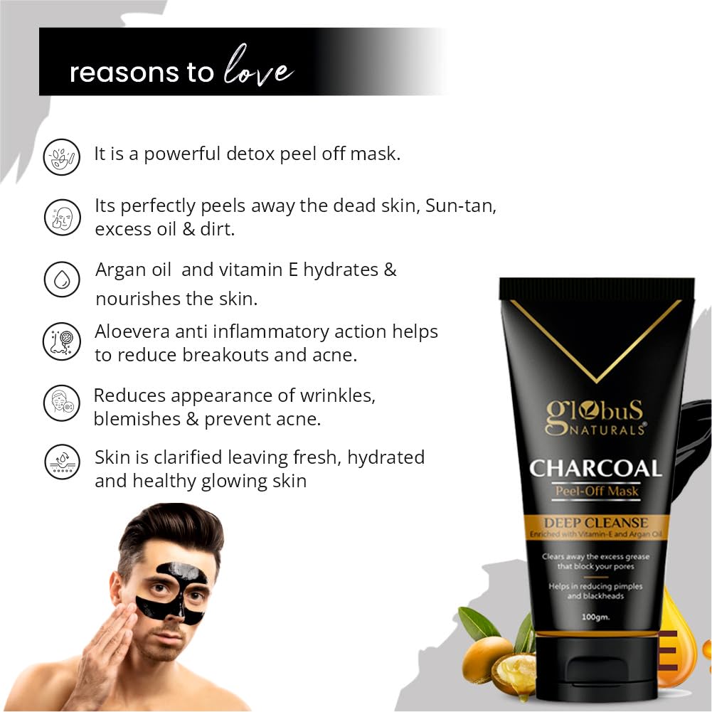 Globus Naturals Anti Pollution & Anti Acne Charcoal Peel Off Mask, Detoxifying Face mask, Fights Pollution and De-Tans skin, For Women & Men with Oily & Acne Prone Skin, 100 gms (Charcoal)