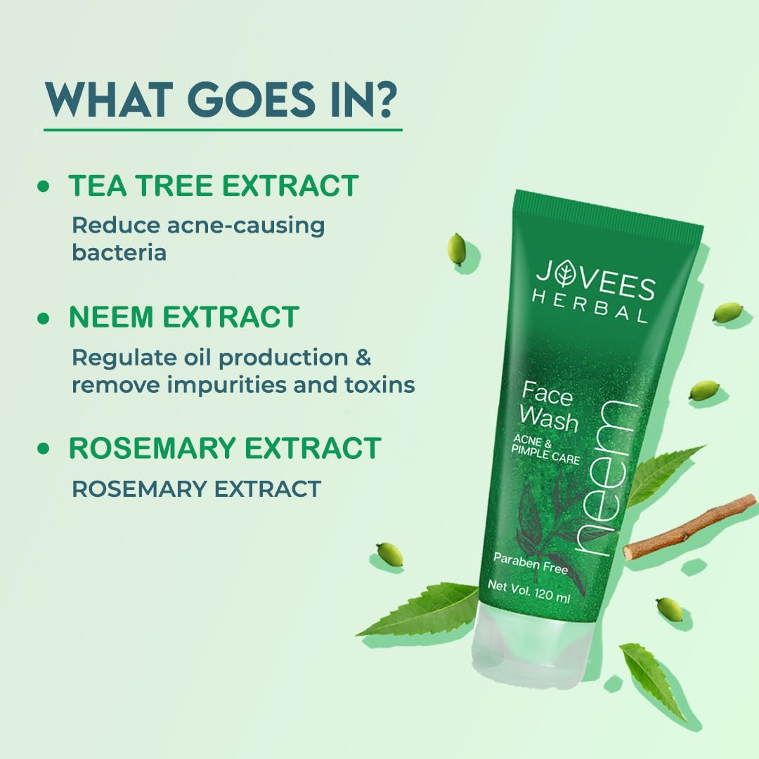 Jovees Herbal Neem Face Wash For Clear Skin with Neem & Tea Tree Ext | Gentle For Acne-Prone Skin | Controls Oil, Pimples and Dark Spots | Acne Control Cleanser For All Skin Type - 120ml (pack of 3)