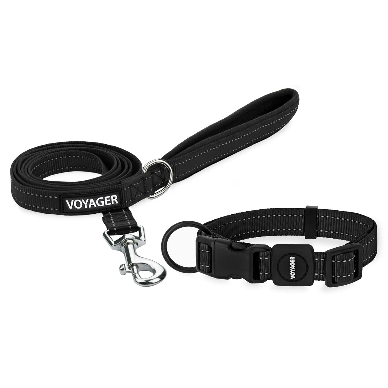 Voyager Reflective Dog Leash Collar Set with Neoprene Handle Supports Small, Medium, and Large Breed Puppies, Cute and Heavy Duty for Walking, Running, and Training - Black, S Leash Collar Set (Black) Leash Collar Set (5/8")