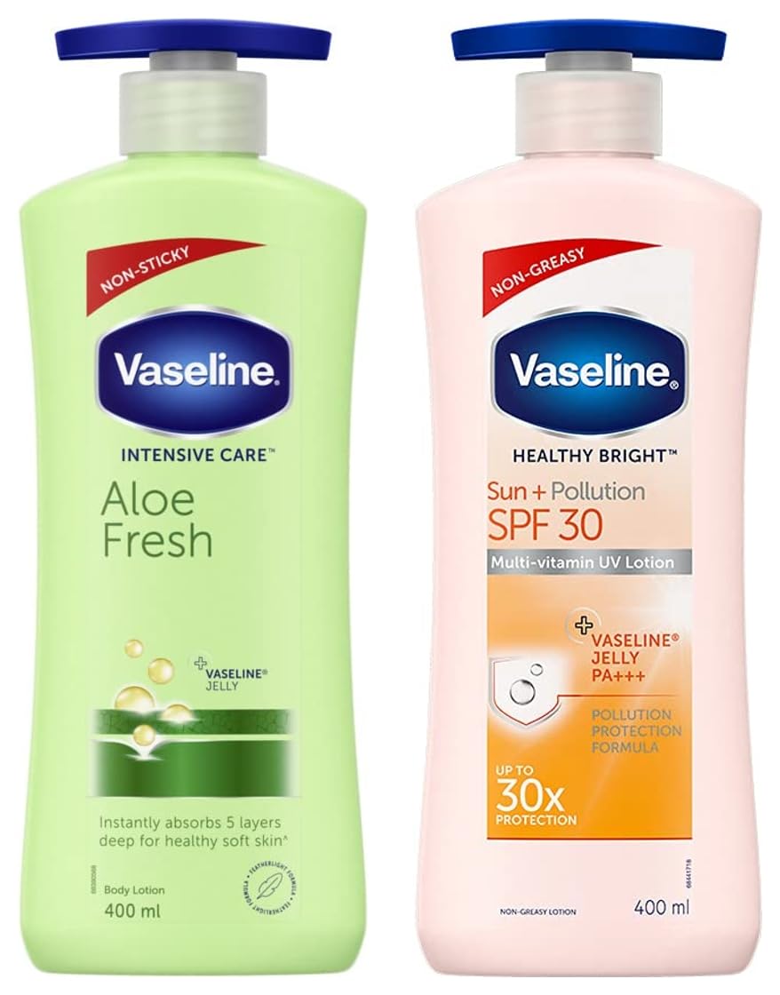 Vaseline Intensive Care Aloe Fresh Hydrating Body Lotion 400 ml, Daily Moisturizer for Dry Skin, Gives Non-Greasy, Glowing Skin - & Vaseline Healthy Bright Sun Protection Body Lotion SPF 30 400 ml