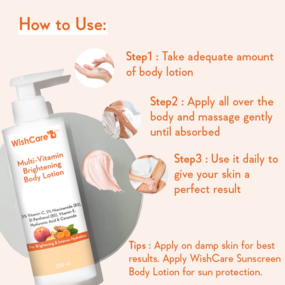 WishCare Multi-Vitamin Brightening Body Lotion - 5% Vitamin C, 5% Niacinamide(B3), Panthenol(B5), Vitamin E, Turmeric & Kakadu Plum - For Men & Women - 200 Ml